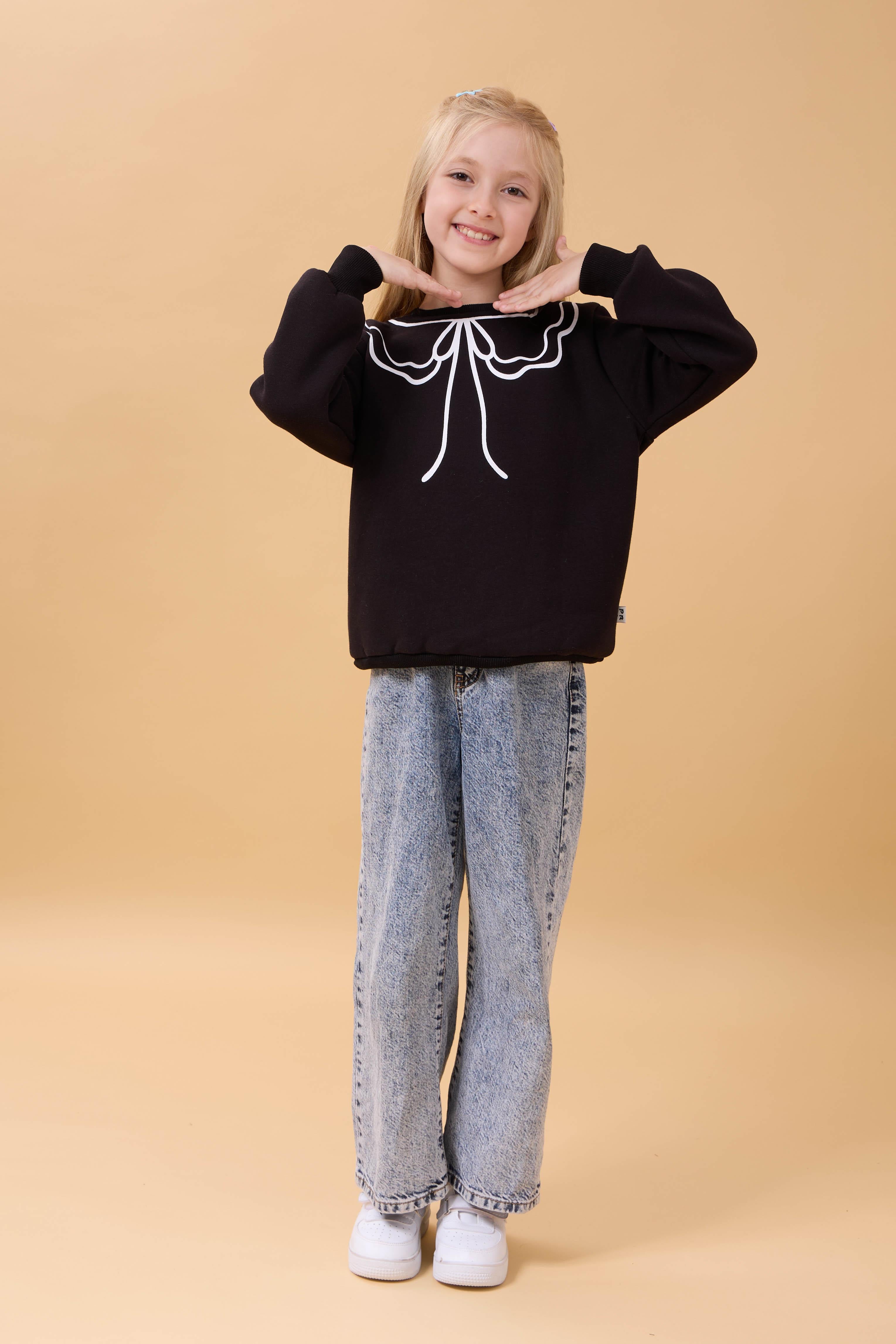Kız Çocuk Bisiklet Yaka Baskılı Şardonlu Kışlık Sweatshirt - Siyah