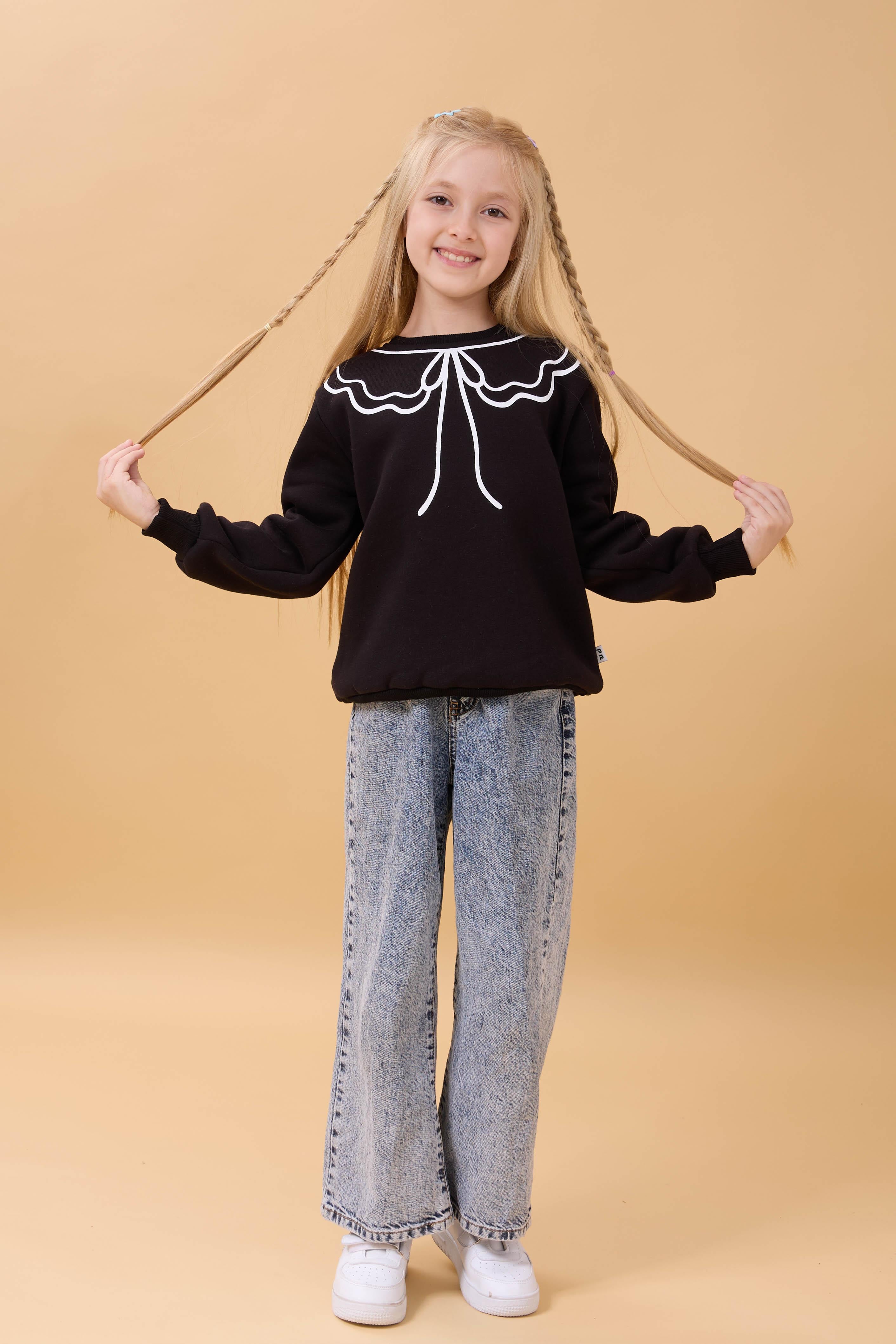 Kız Çocuk Bisiklet Yaka Baskılı Şardonlu Kışlık Sweatshirt - Siyah