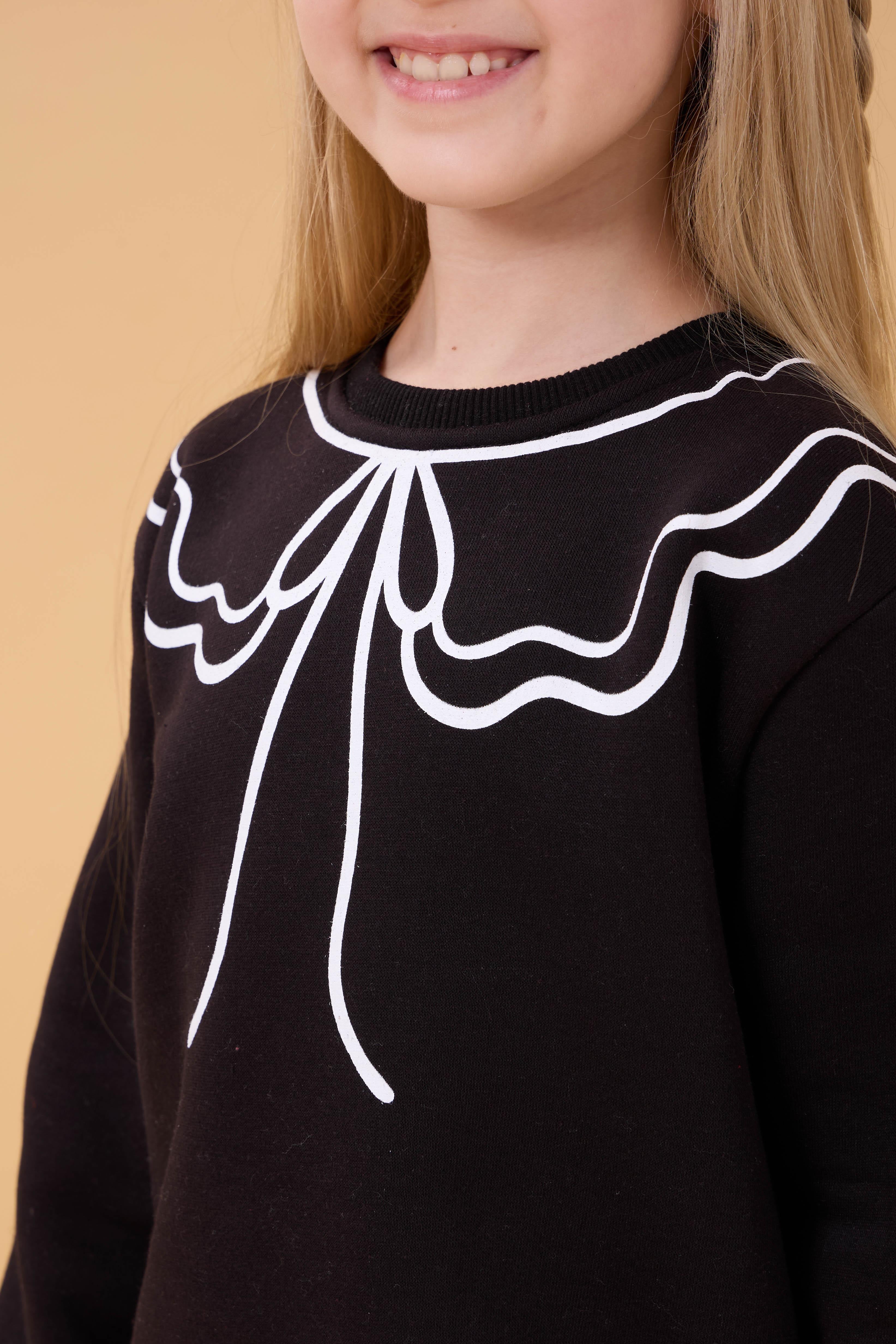 Kız Çocuk Bisiklet Yaka Baskılı Şardonlu Kışlık Sweatshirt - Siyah