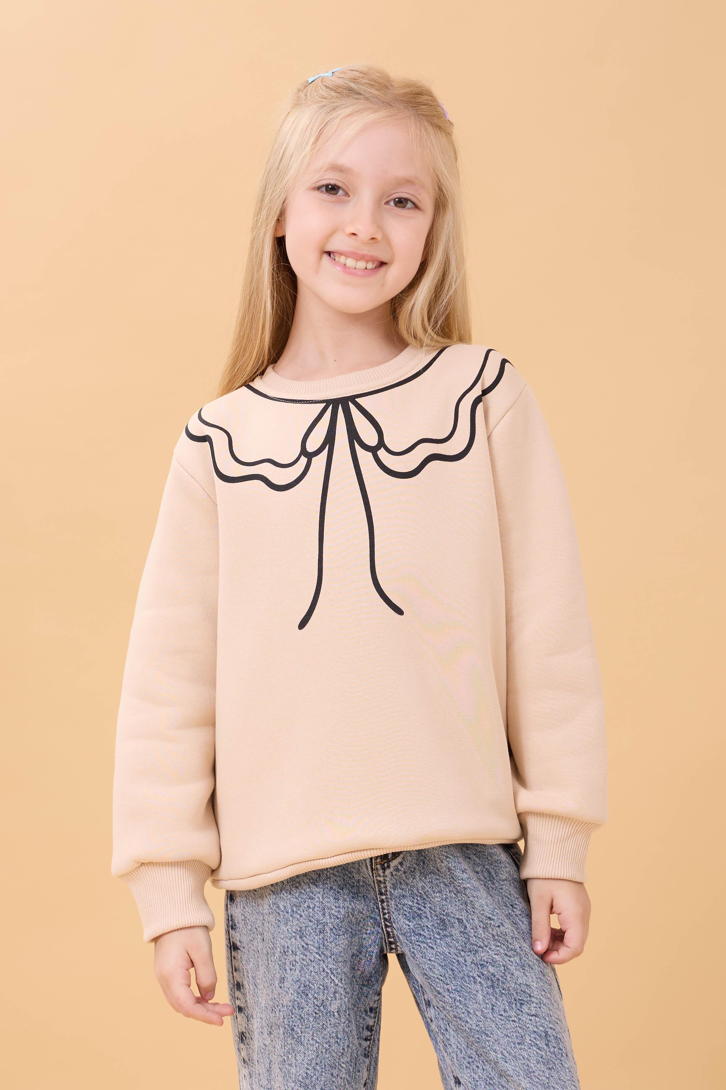 Kız Çocuk Bisiklet Yaka Baskılı Şardonlu Kışlık Sweatshirt - Taş