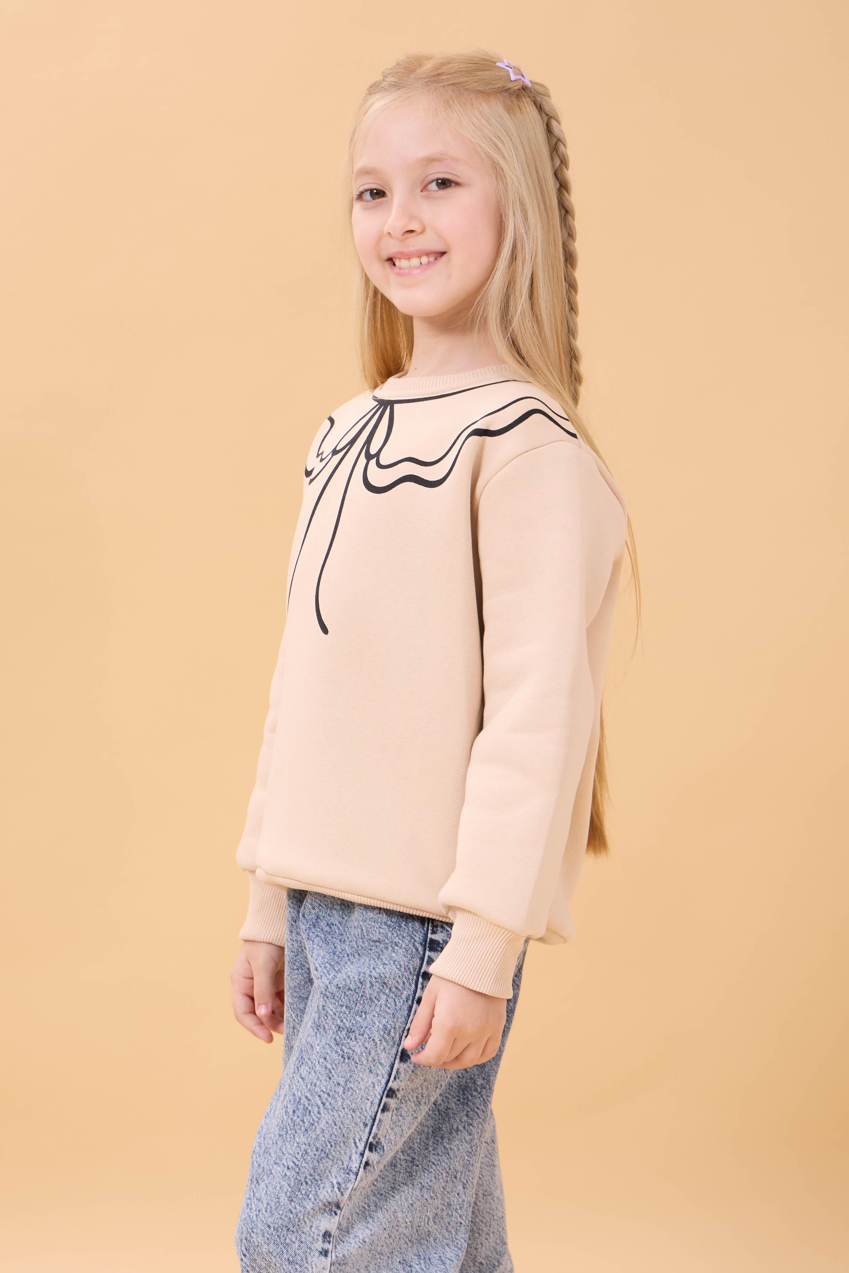 Kız Çocuk Bisiklet Yaka Baskılı Şardonlu Kışlık Sweatshirt - Taş