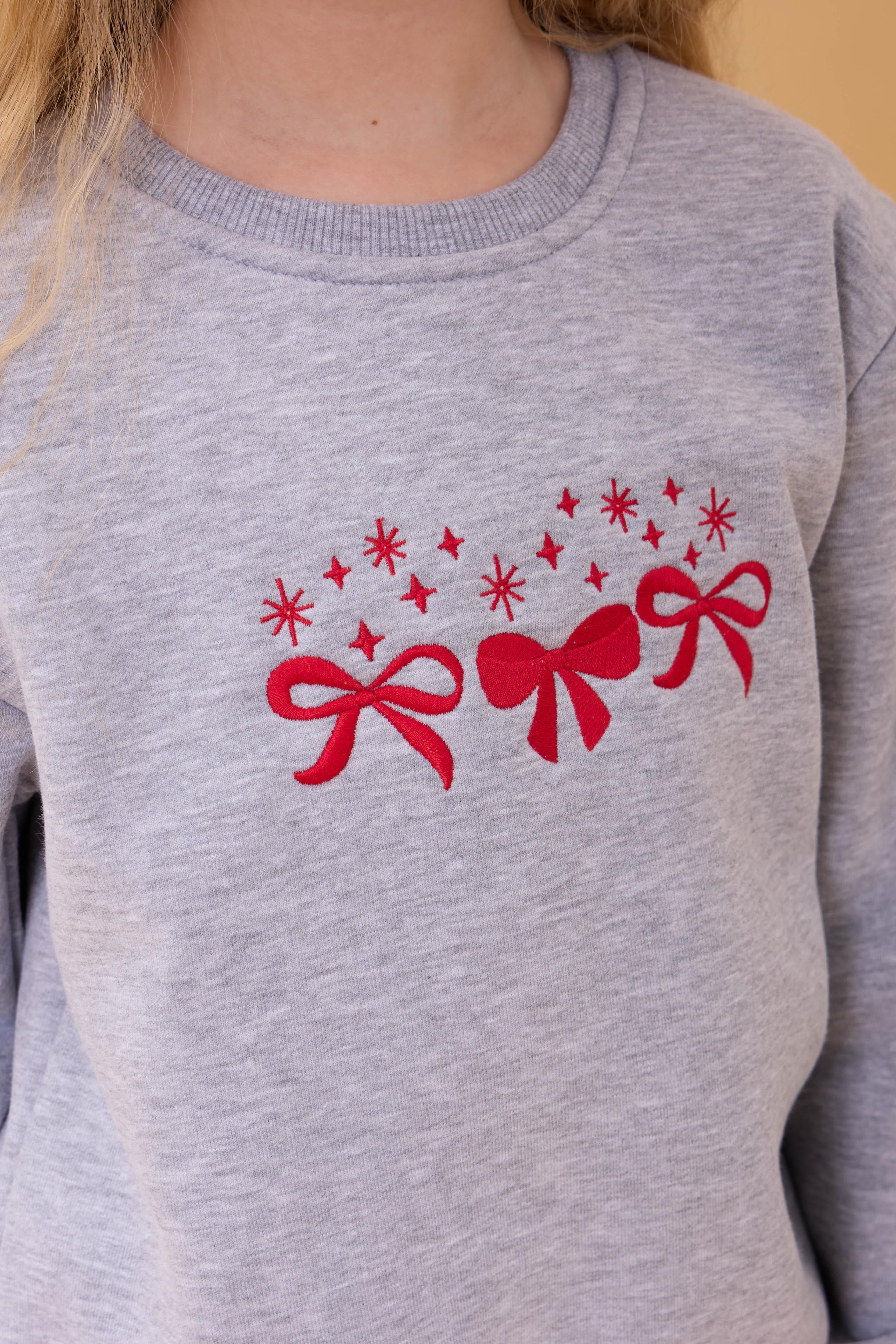 Kız Çocuk Bisiklet Yaka Fiyonk Nakışlı Sweatshirt