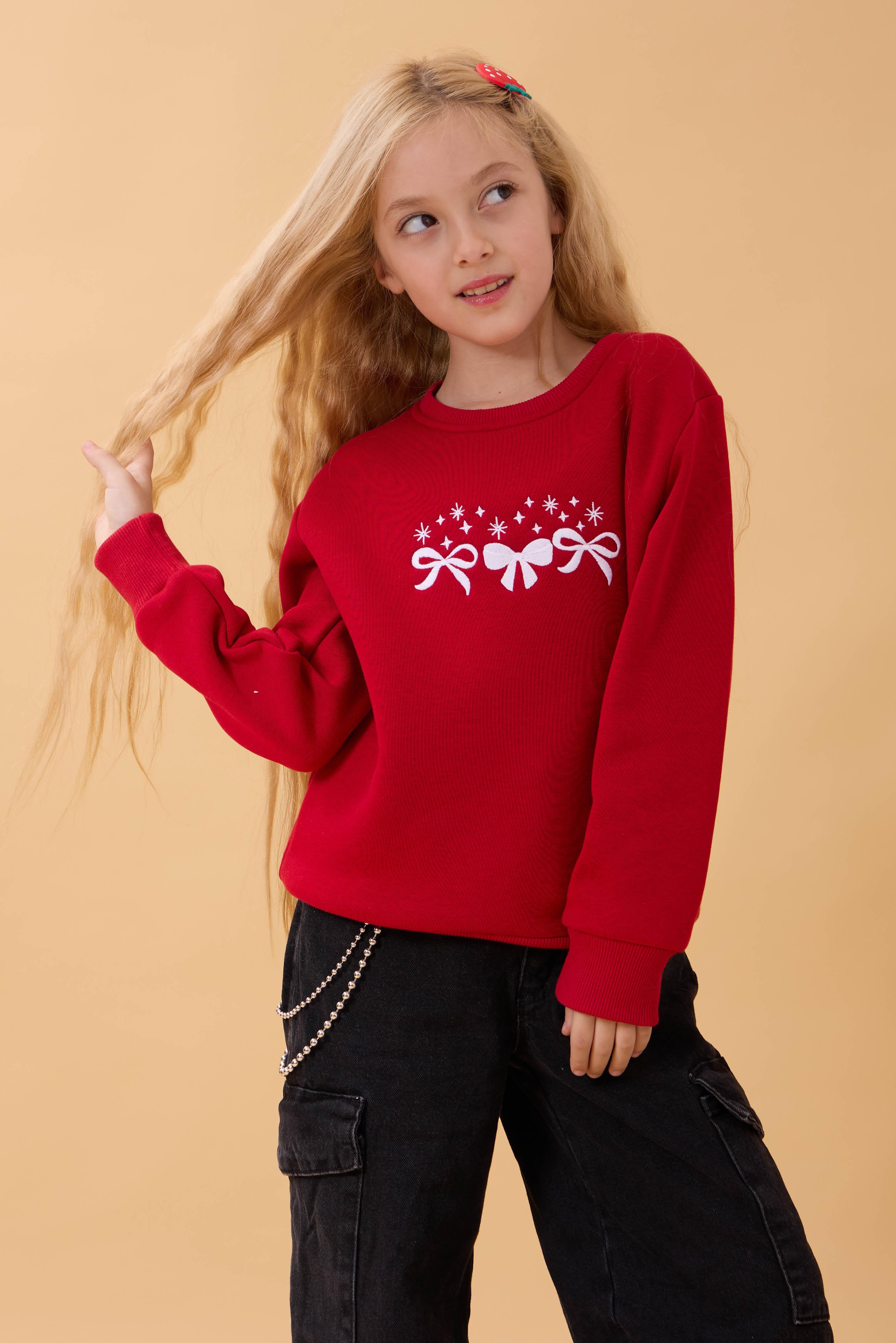 Kız Çocuk Bisiklet Yaka Fiyonk Nakışlı Sweatshirt Kırmızı