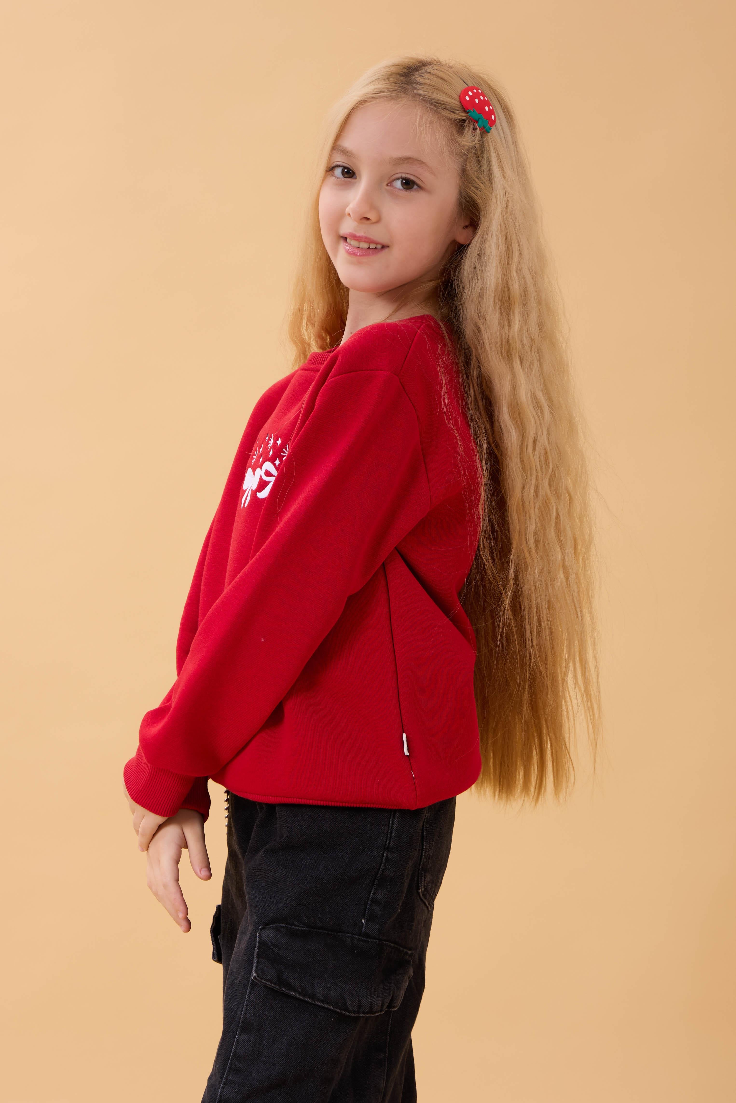 Kız Çocuk Bisiklet Yaka Fiyonk Nakışlı Sweatshirt Kırmızı