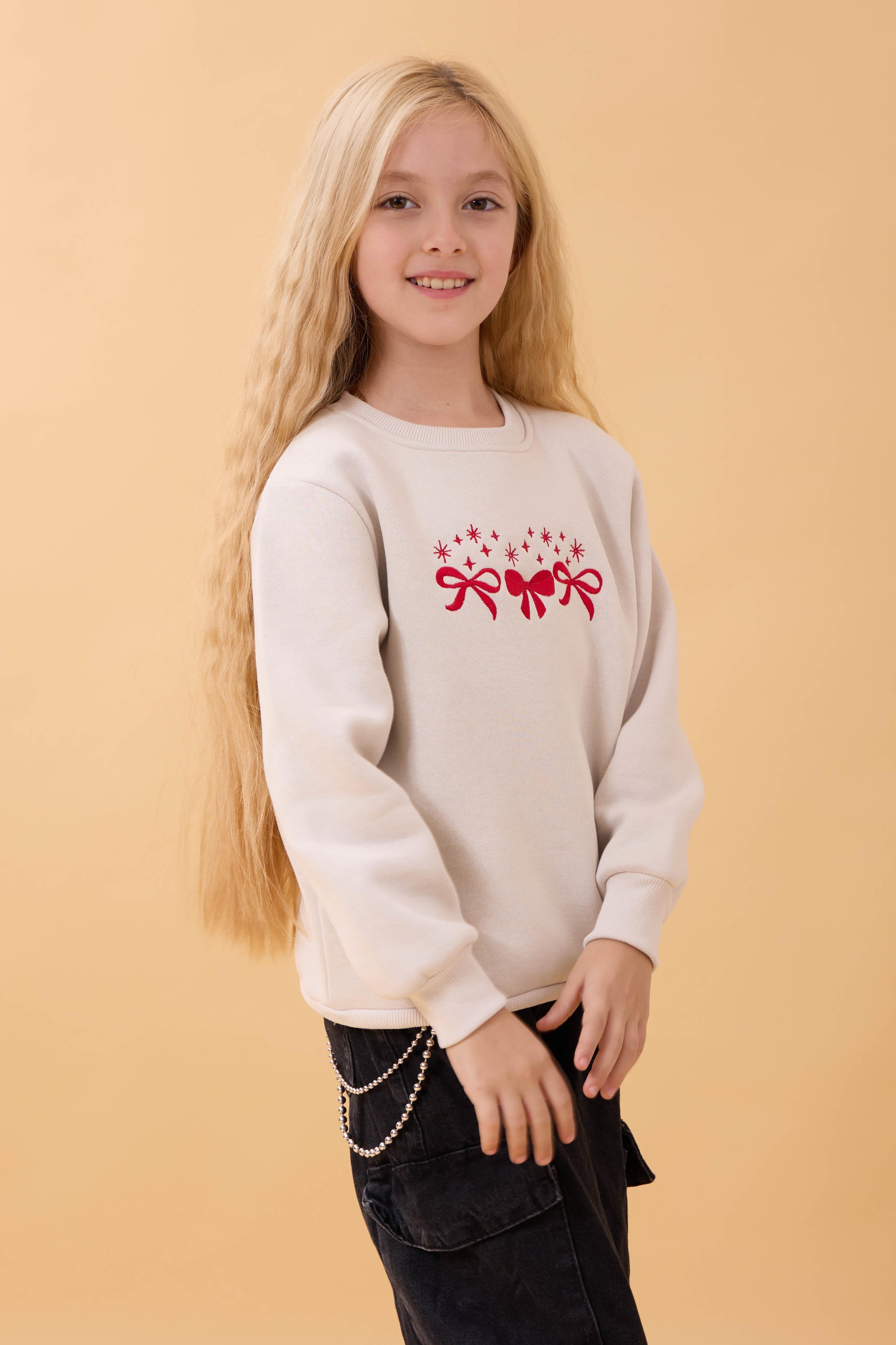 Kız Çocuk Bisiklet Yaka Fiyonk Nakışlı Sweatshirt Taş