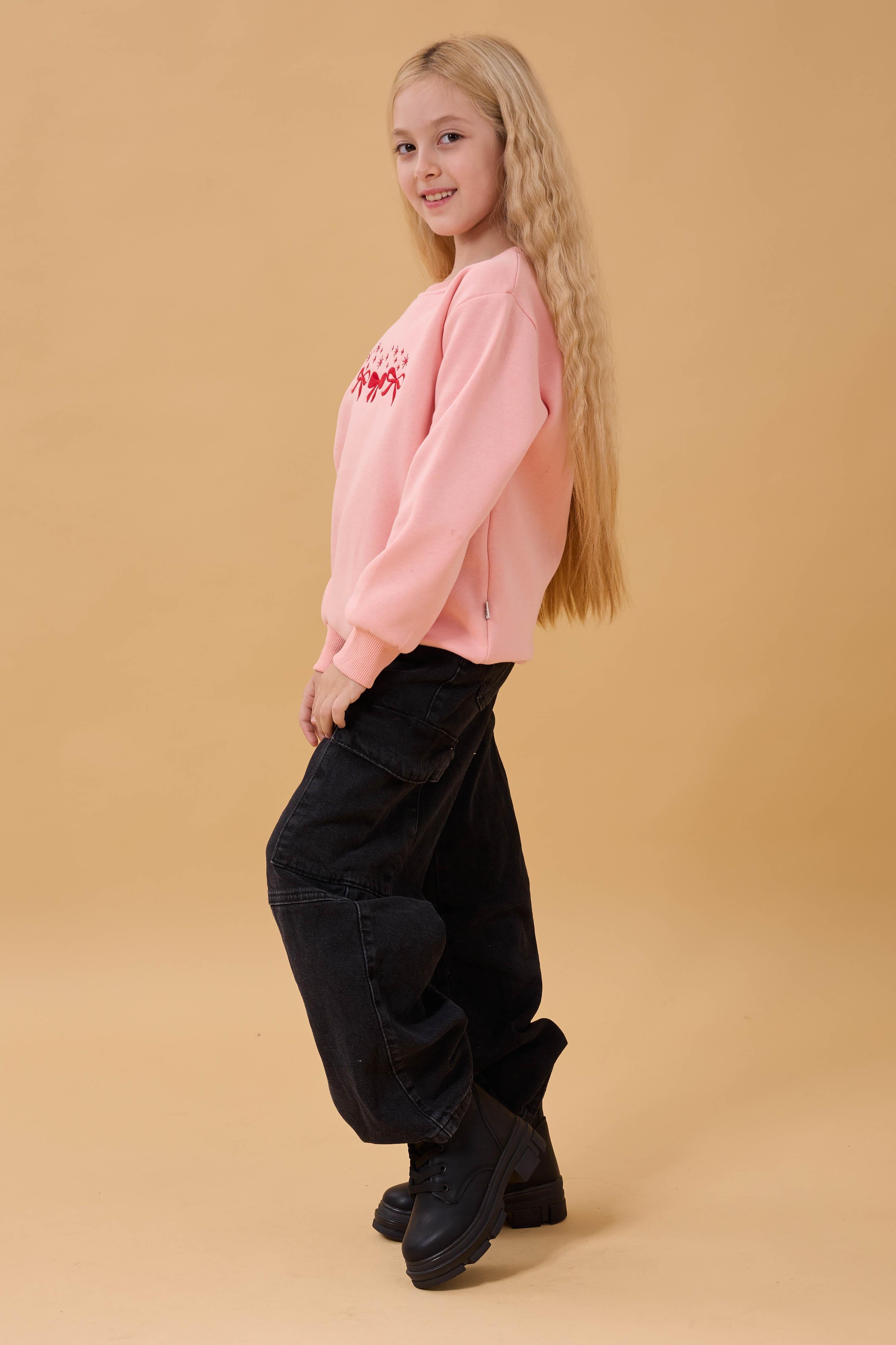 Kız Çocuk Bisiklet Yaka Fiyonk Nakışlı Sweatshirt Yavruağzı