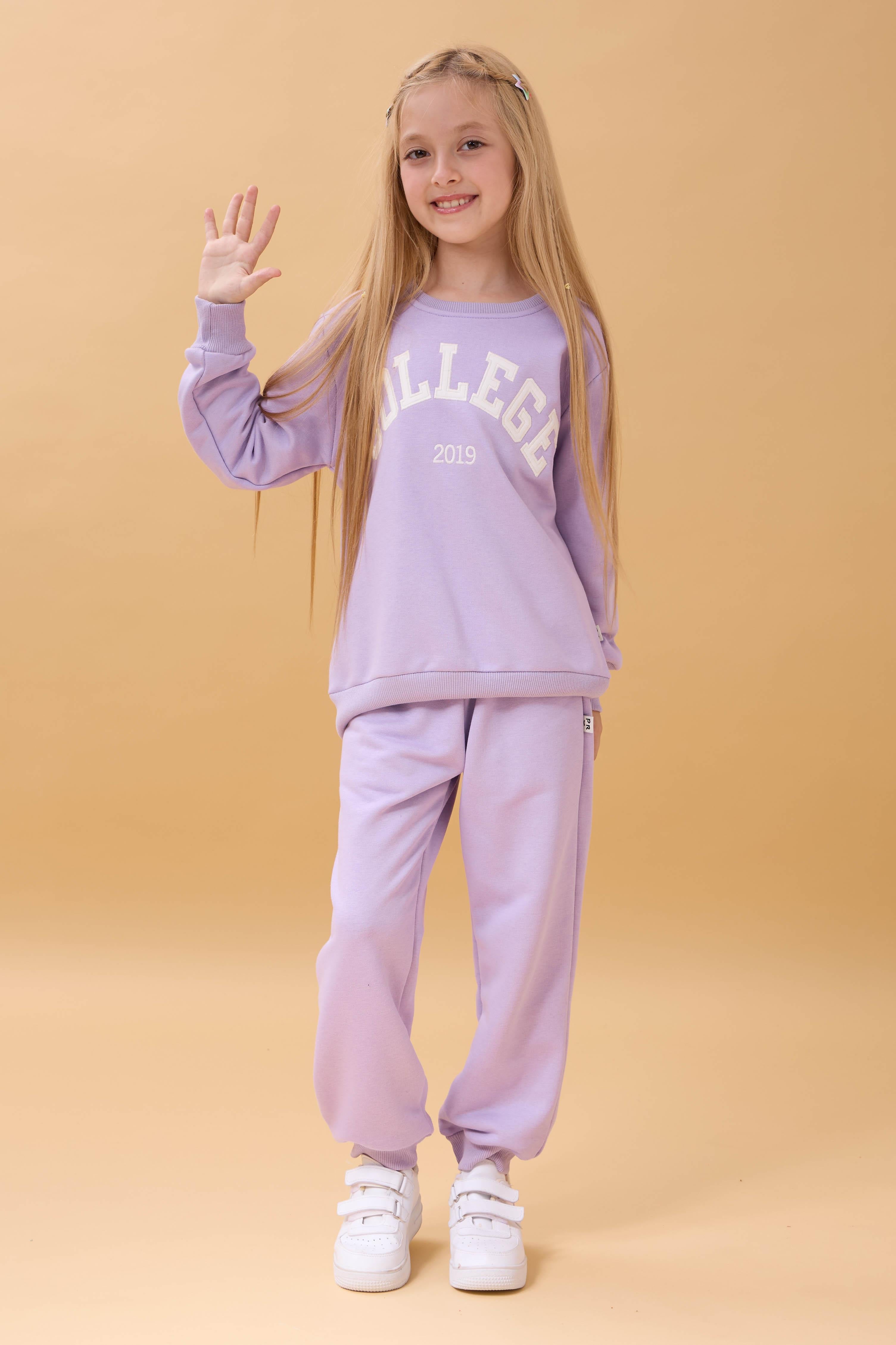 Kız Çocuk Bisiklet Yaka Kabartma Yazı Detaylı 2'li Eşofman Takımı Şardonsuz