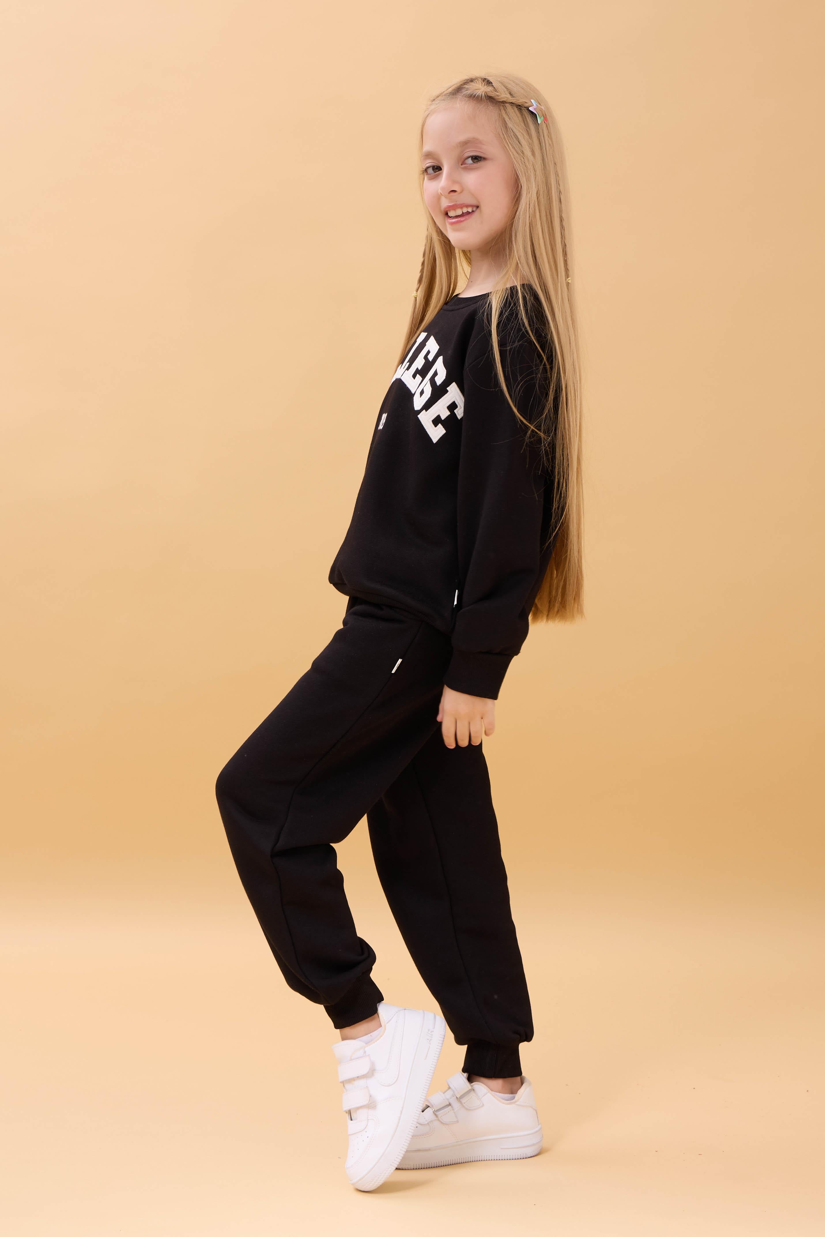 Kız Çocuk Bisiklet Yaka Kabartma Yazı Detaylı 2'li Eşofman Takımı Şardonsuz