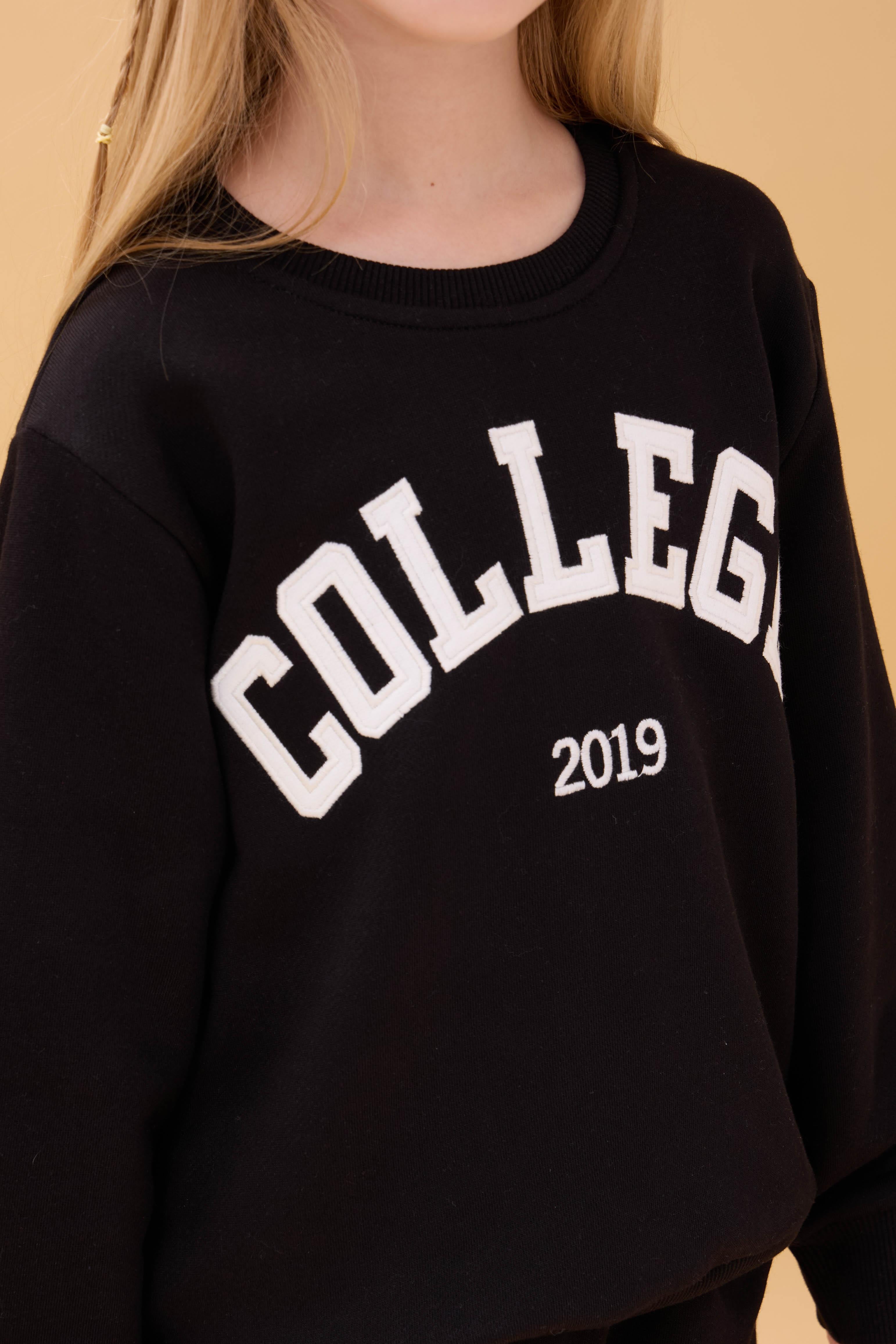 Kız Çocuk Bisiklet Yaka Kabartma Yazı Detaylı 2'li Eşofman Takımı Şardonsuz