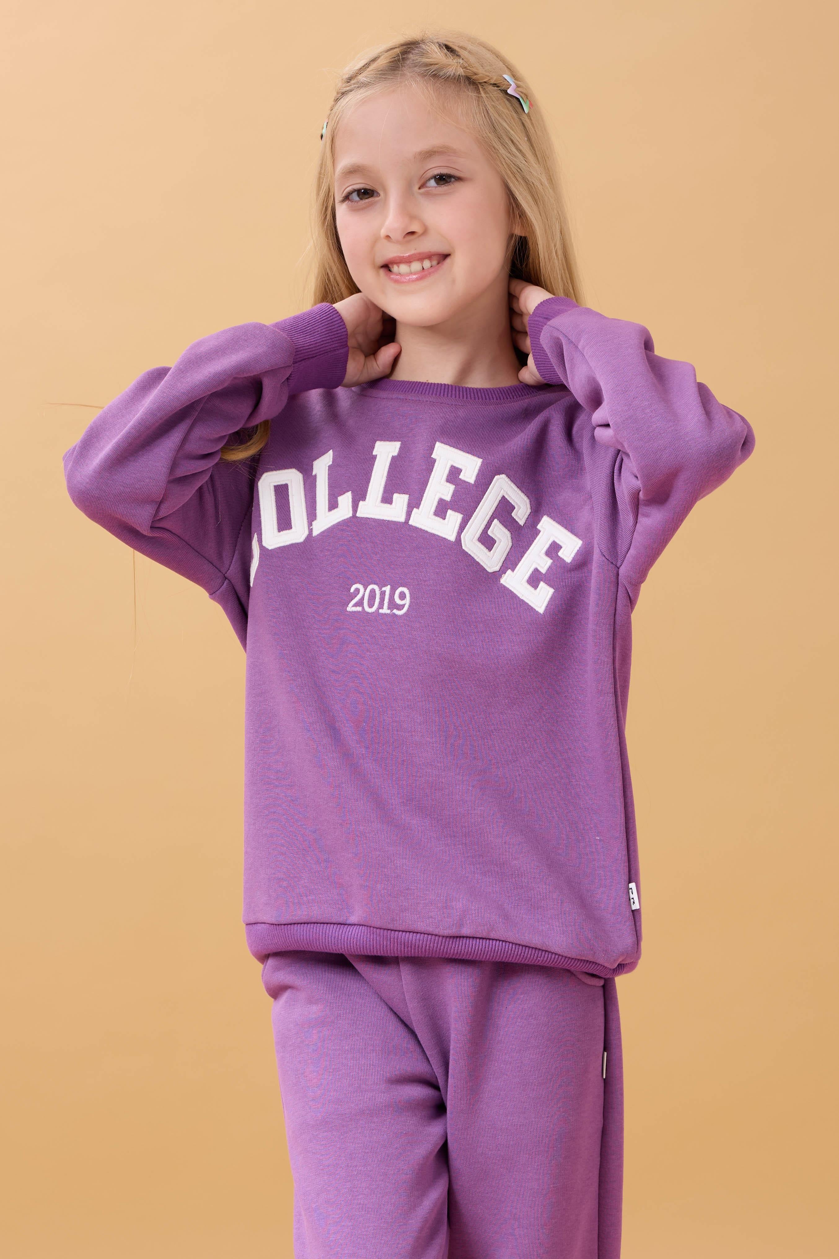 Kız Çocuk Bisiklet Yaka Kabartma Yazı Detaylı 2'li Eşofman Takımı Şardonsuz