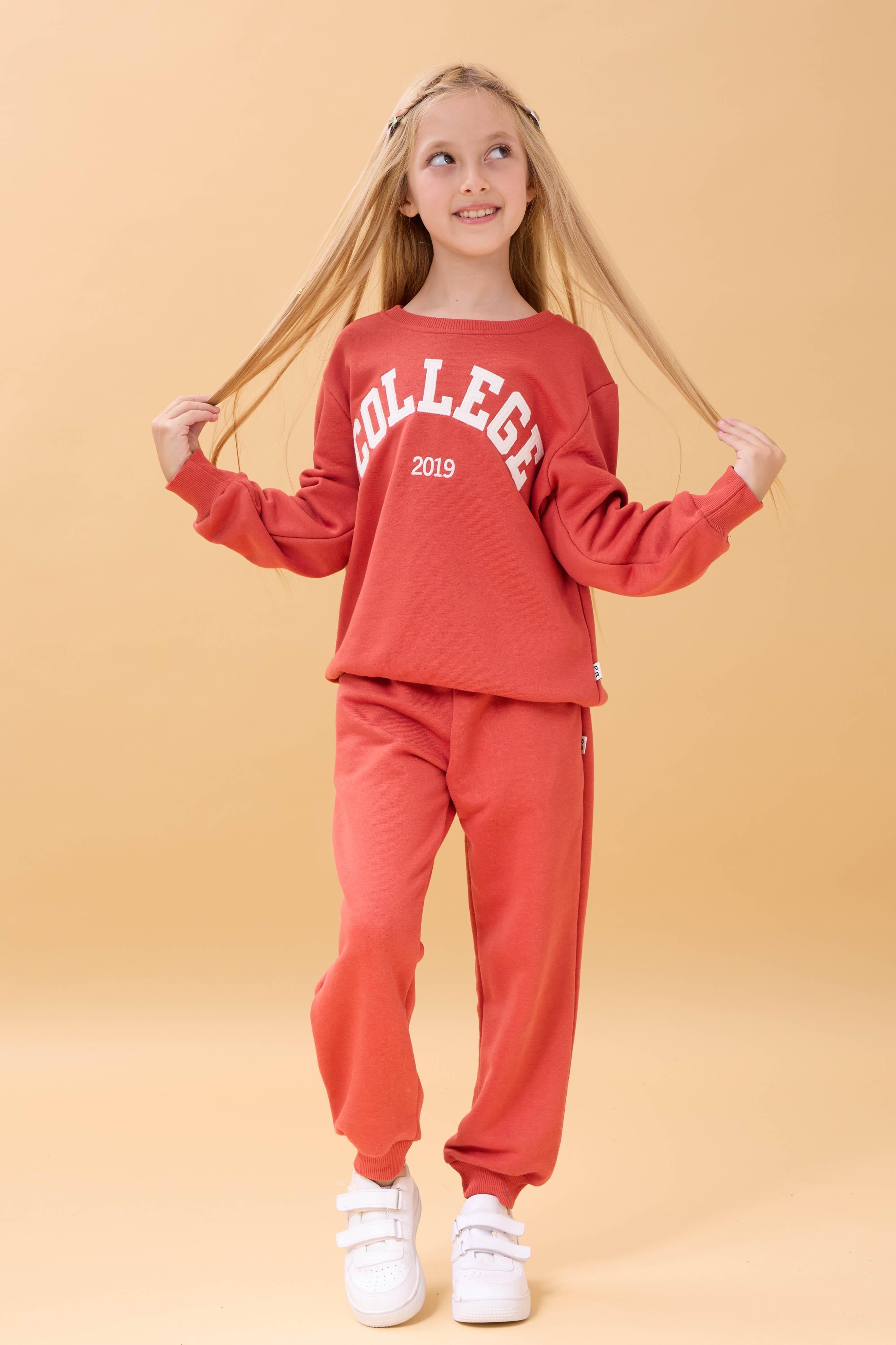 Kız Çocuk Bisiklet Yaka Kabartma Yazı Detaylı 2'li Eşofman Takımı Şardonsuz