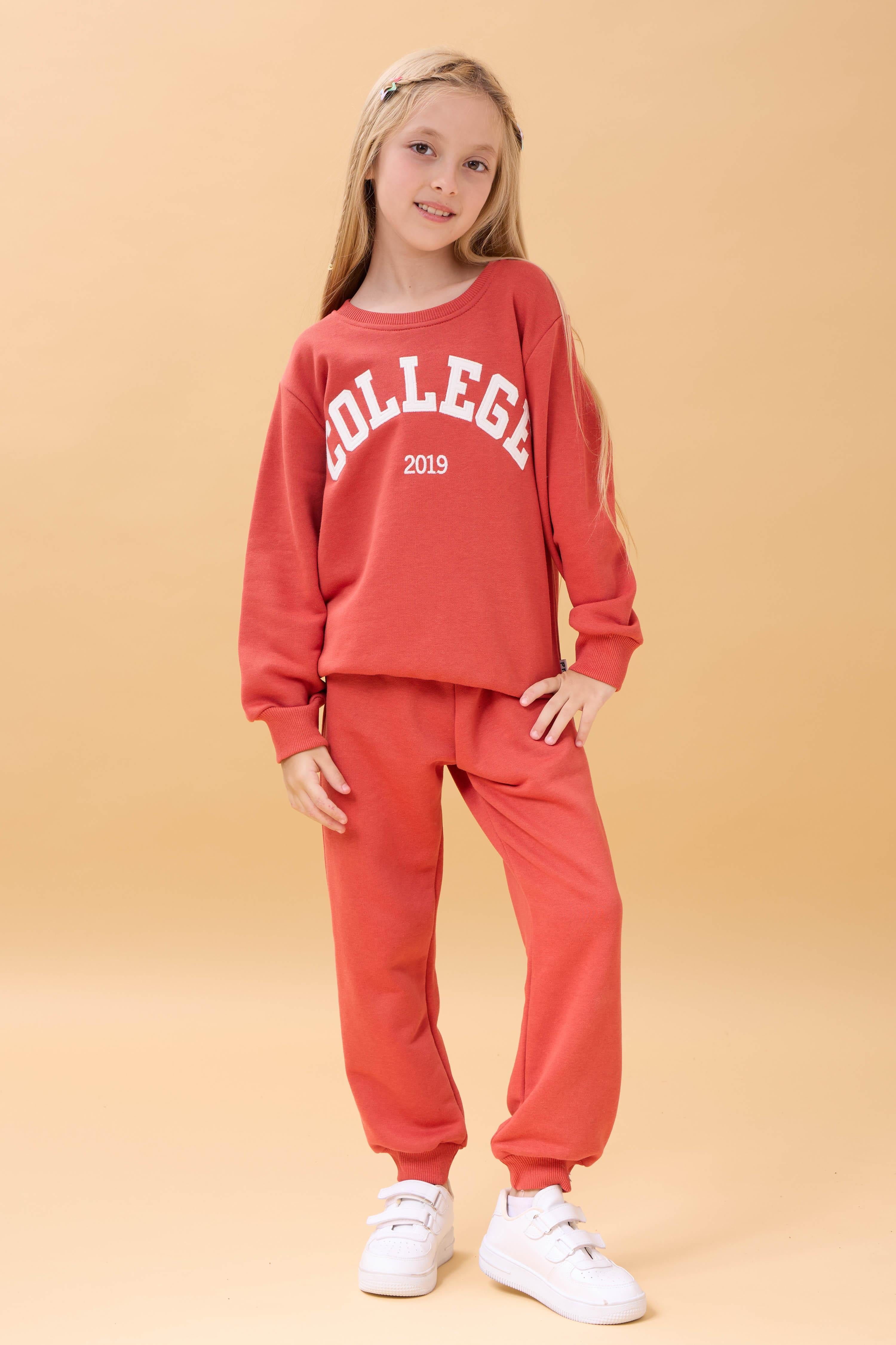 Kız Çocuk Bisiklet Yaka Kabartma Yazı Detaylı 2'li Eşofman Takımı Şardonsuz