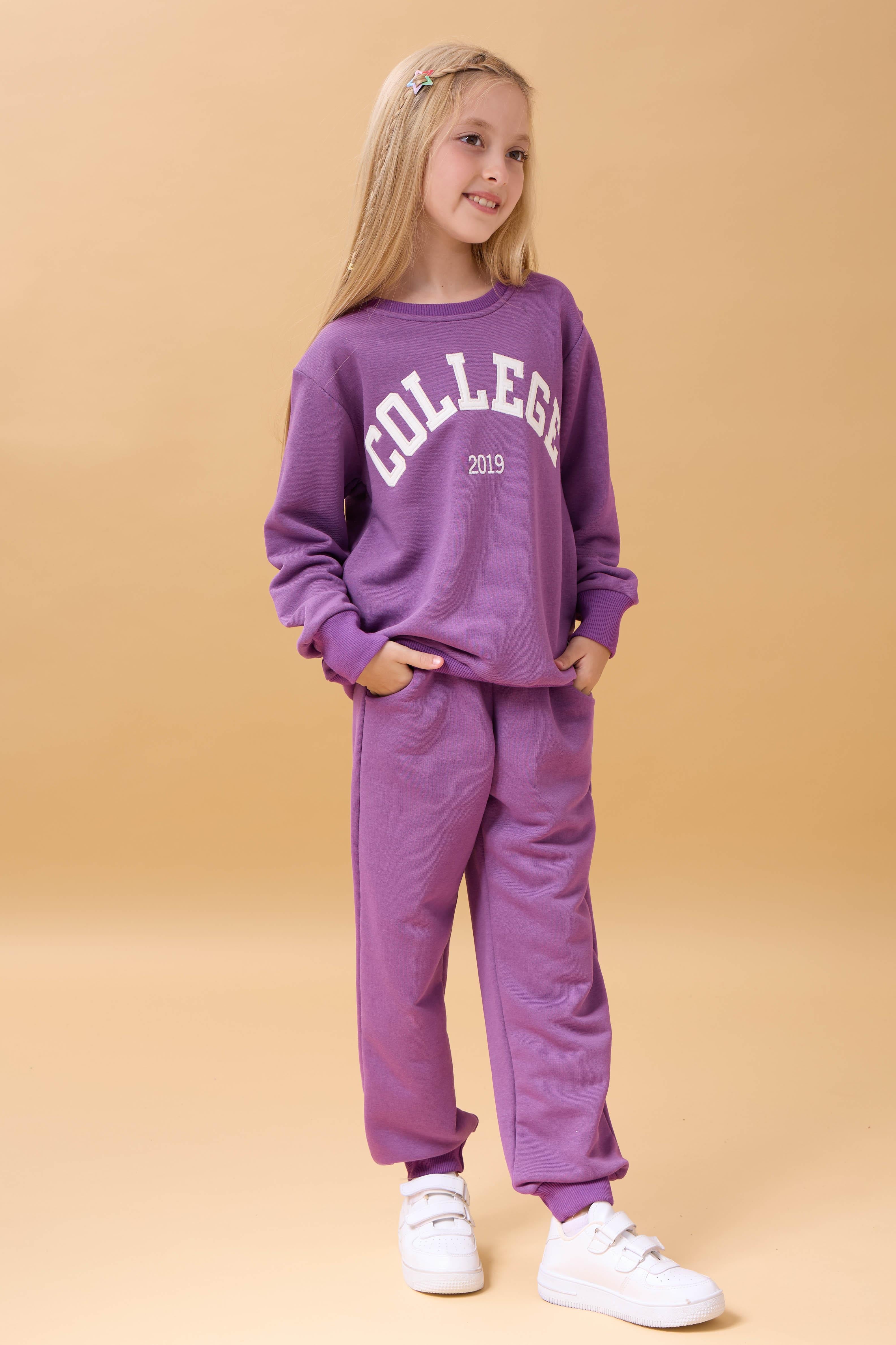 Kız Çocuk Bisiklet Yaka Kabartma Yazı Detaylı 2'li Eşofman Takımı Şardonsuz - Mor