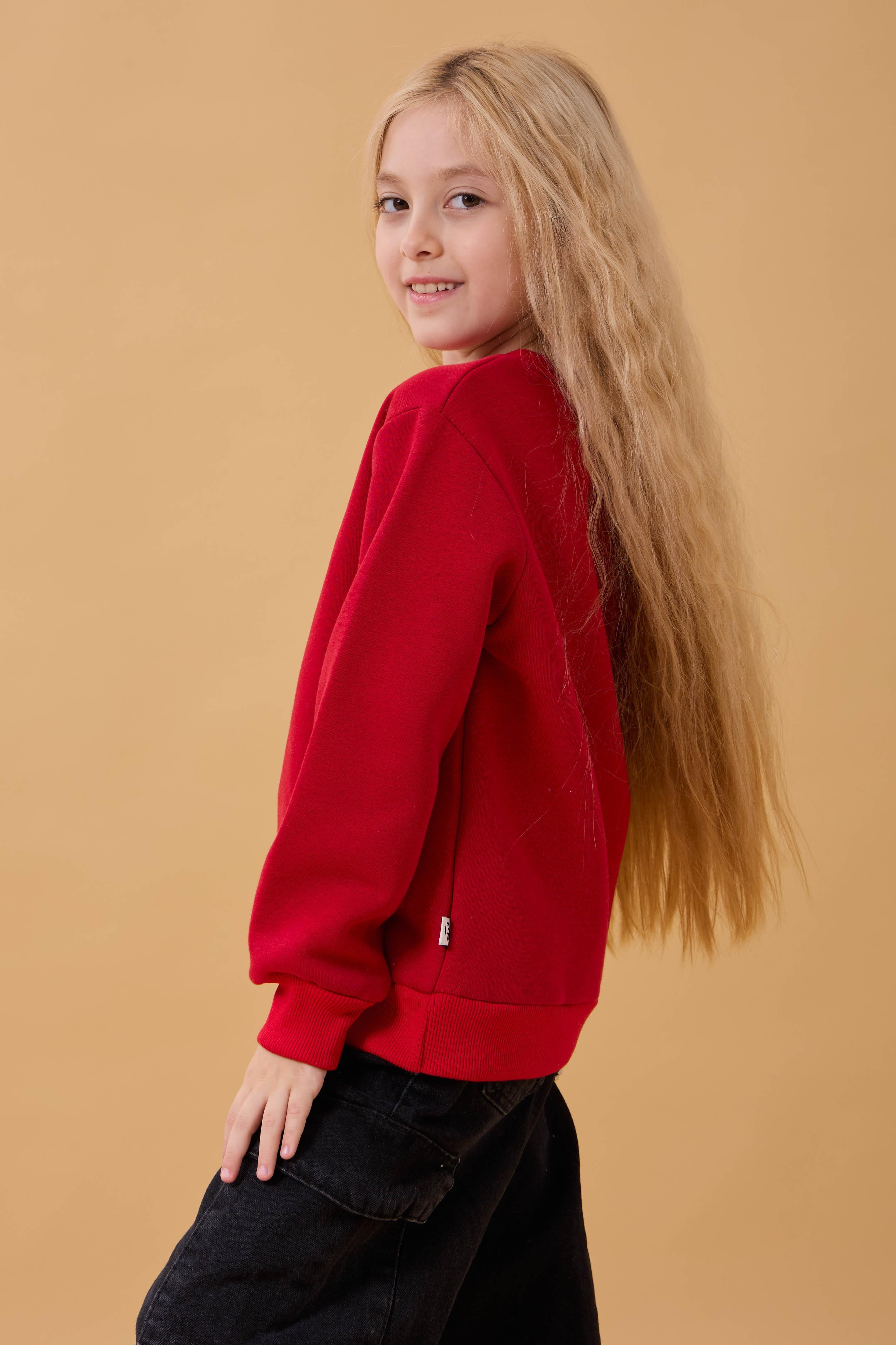 Kız Çocuk Bisiklet Yaka Kurabiye Nakışlı Sweatshirt