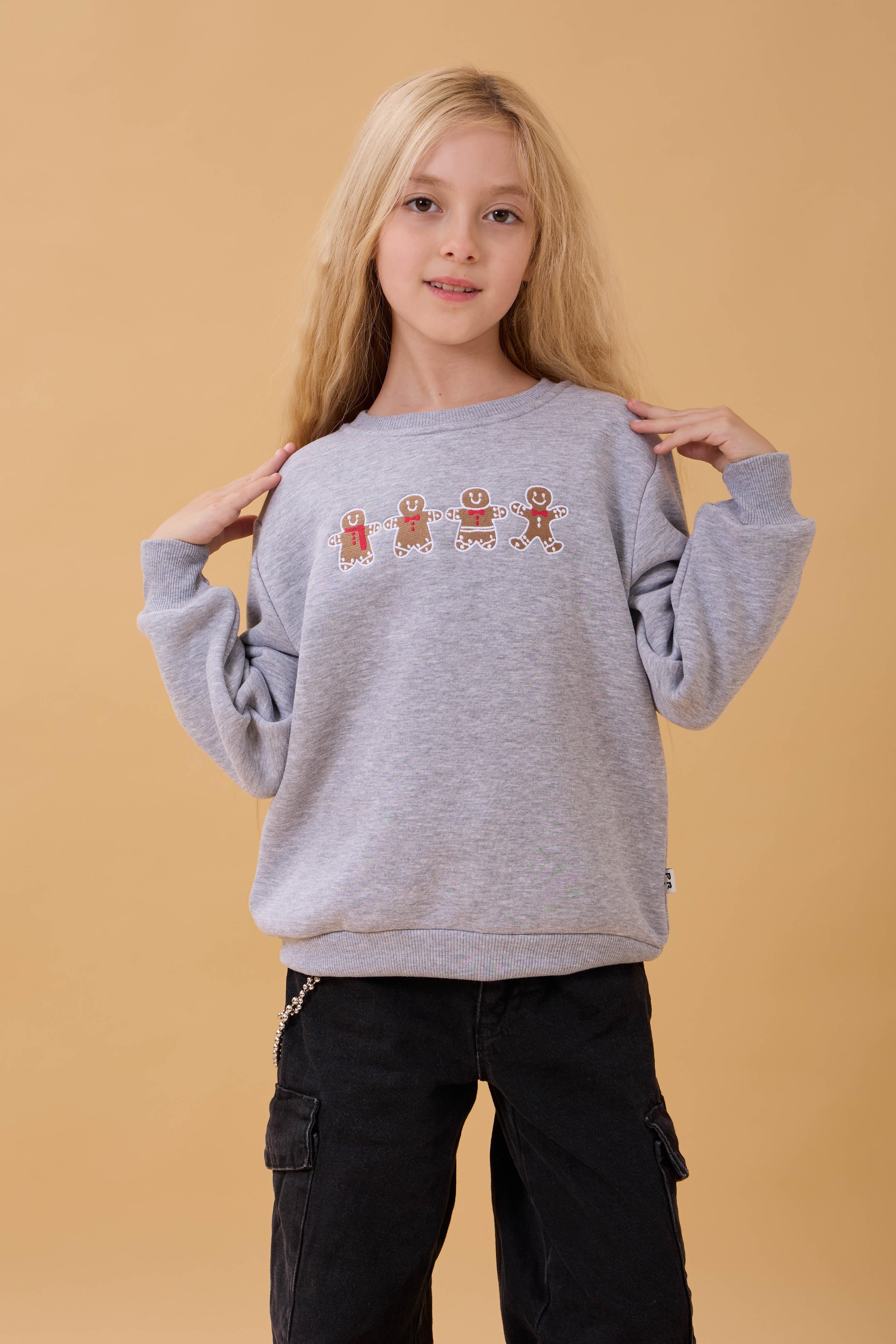 Kız Çocuk Bisiklet Yaka Kurabiye Nakışlı Sweatshirt Gri Melanj