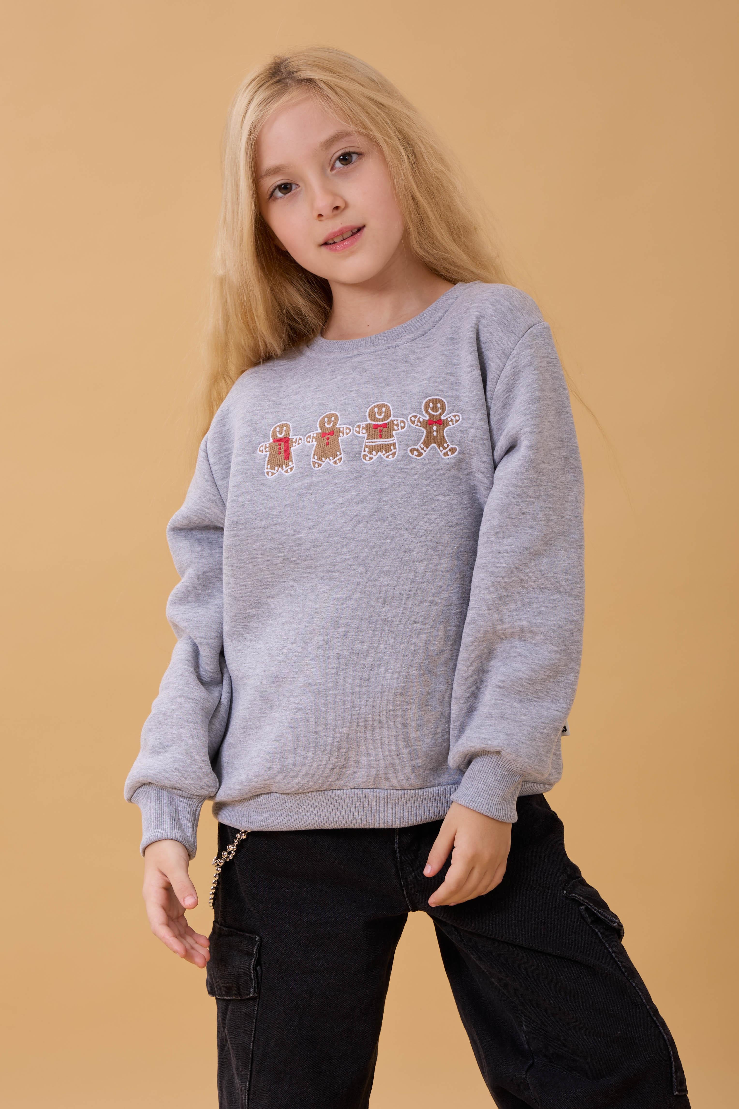Kız Çocuk Bisiklet Yaka Kurabiye Nakışlı Sweatshirt Gri Melanj