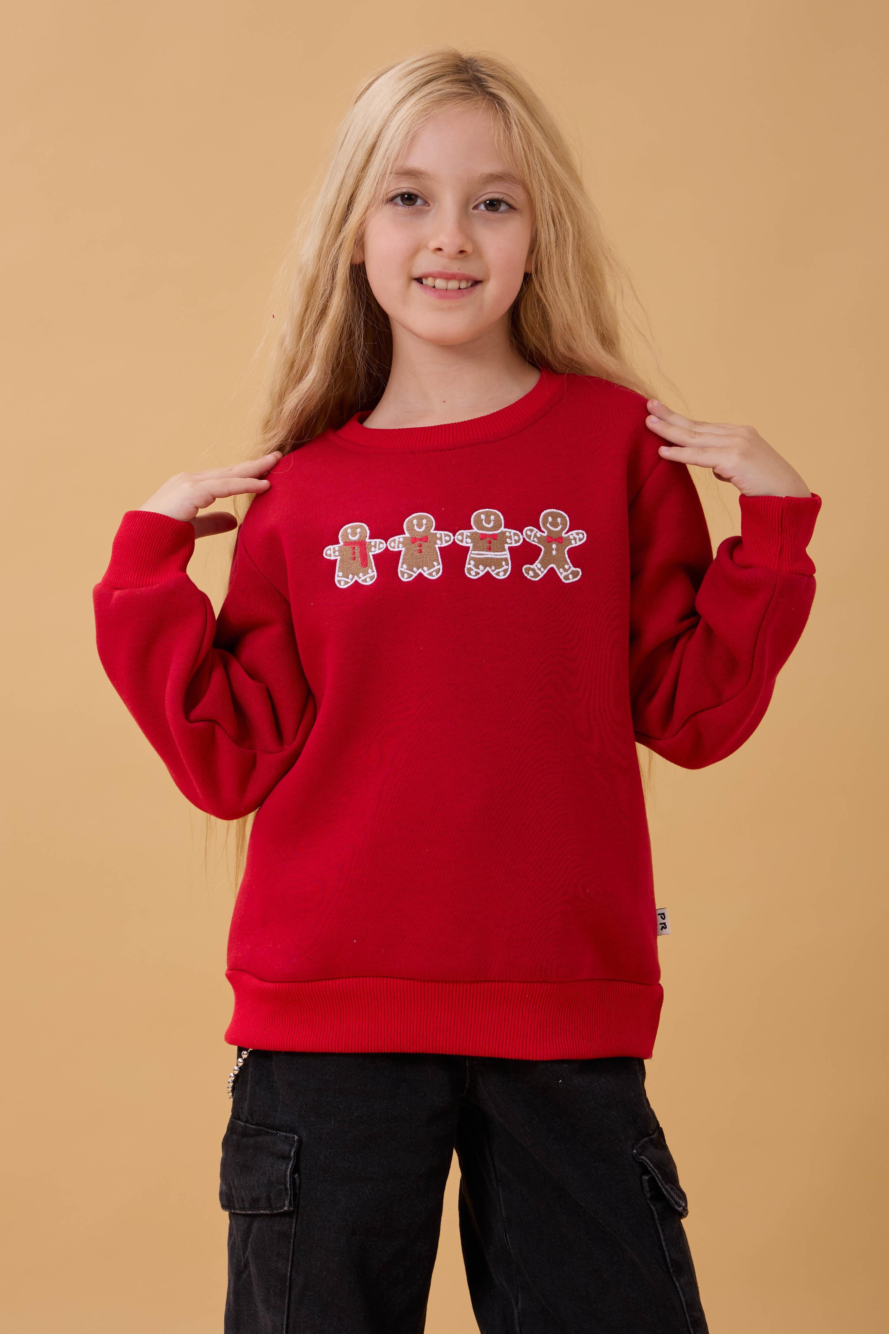 Kız Çocuk Bisiklet Yaka Kurabiye Nakışlı Sweatshirt Kırmızı