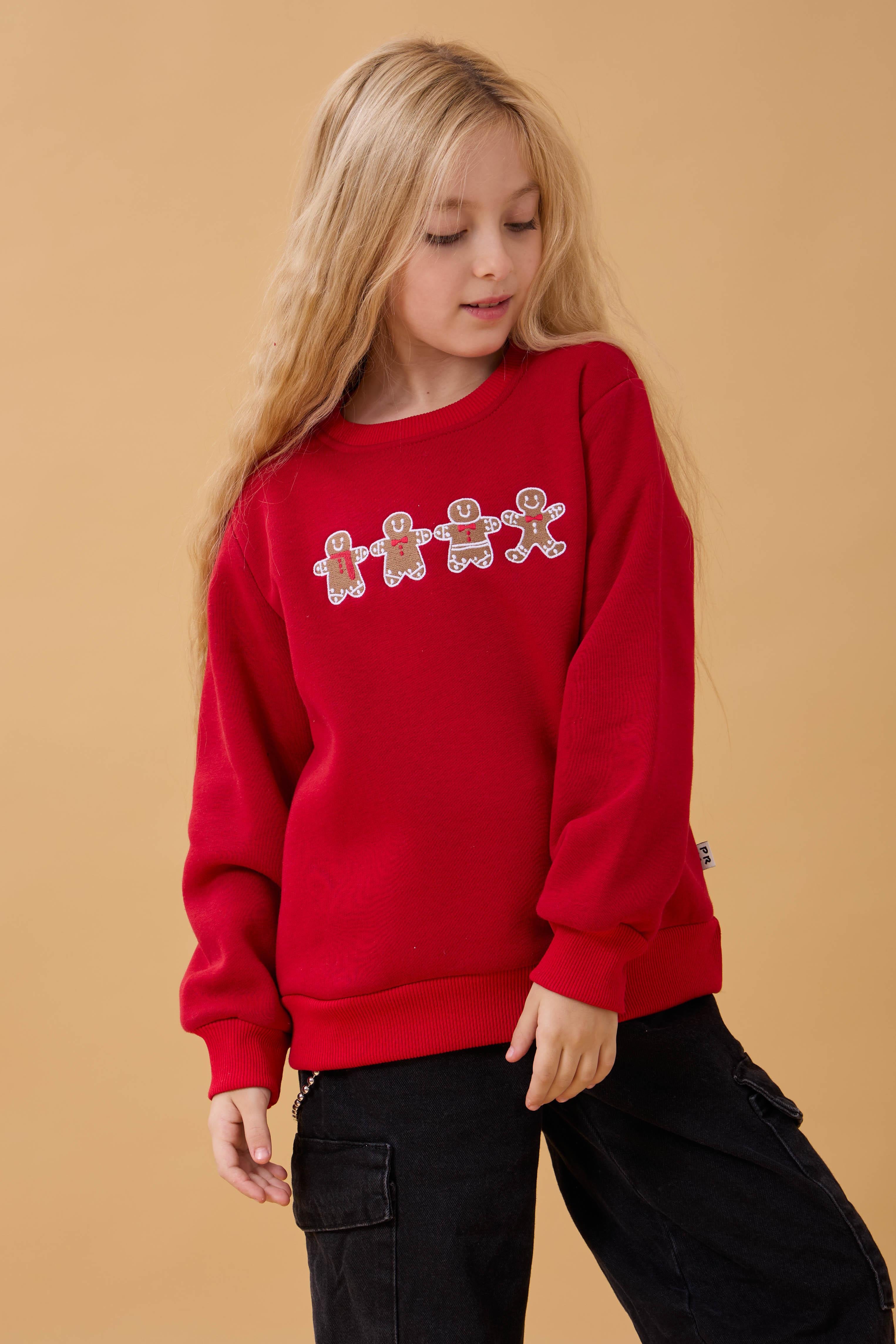 Kız Çocuk Bisiklet Yaka Kurabiye Nakışlı Sweatshirt Kırmızı