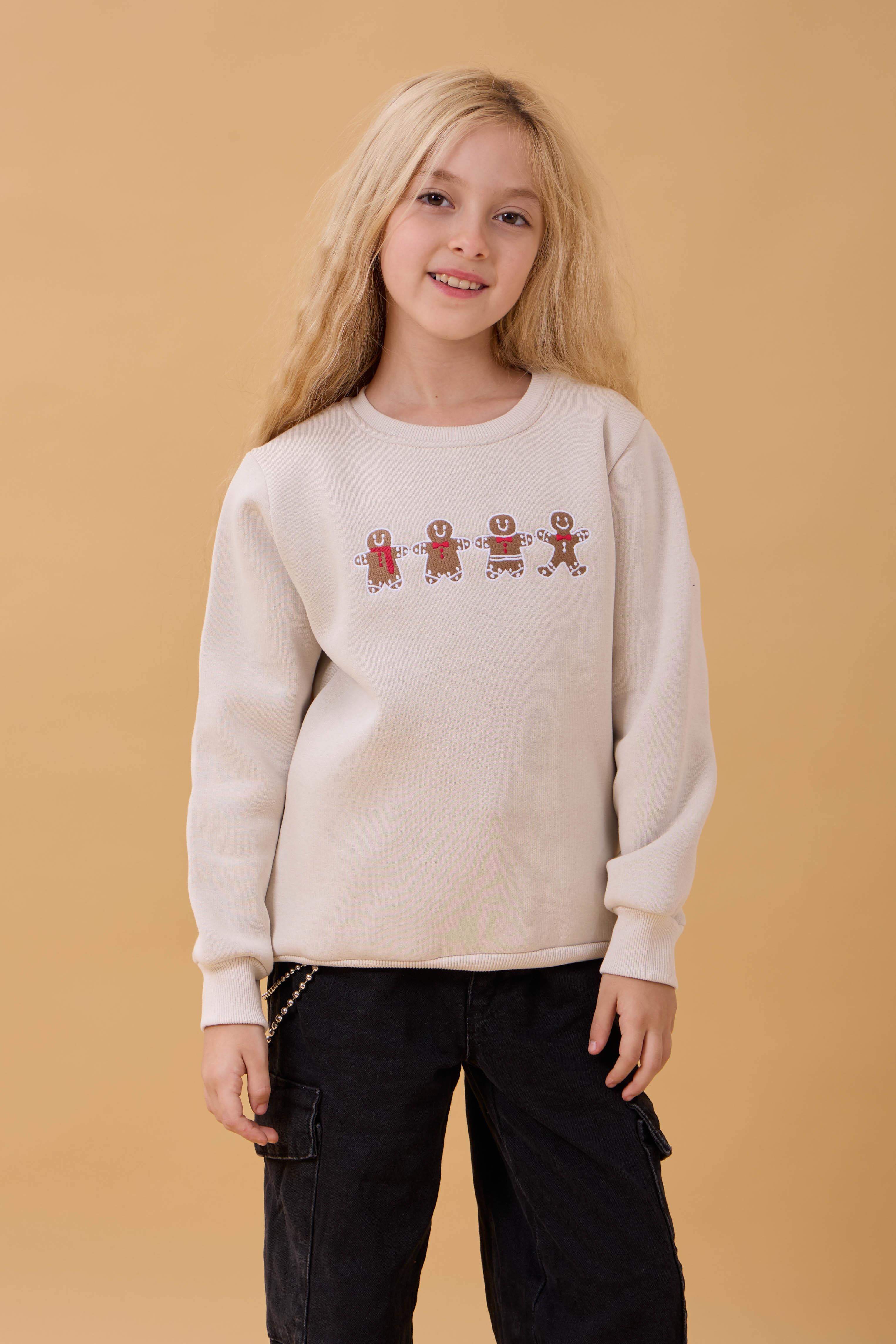 Kız Çocuk Bisiklet Yaka Kurabiye Nakışlı Sweatshirt Taş