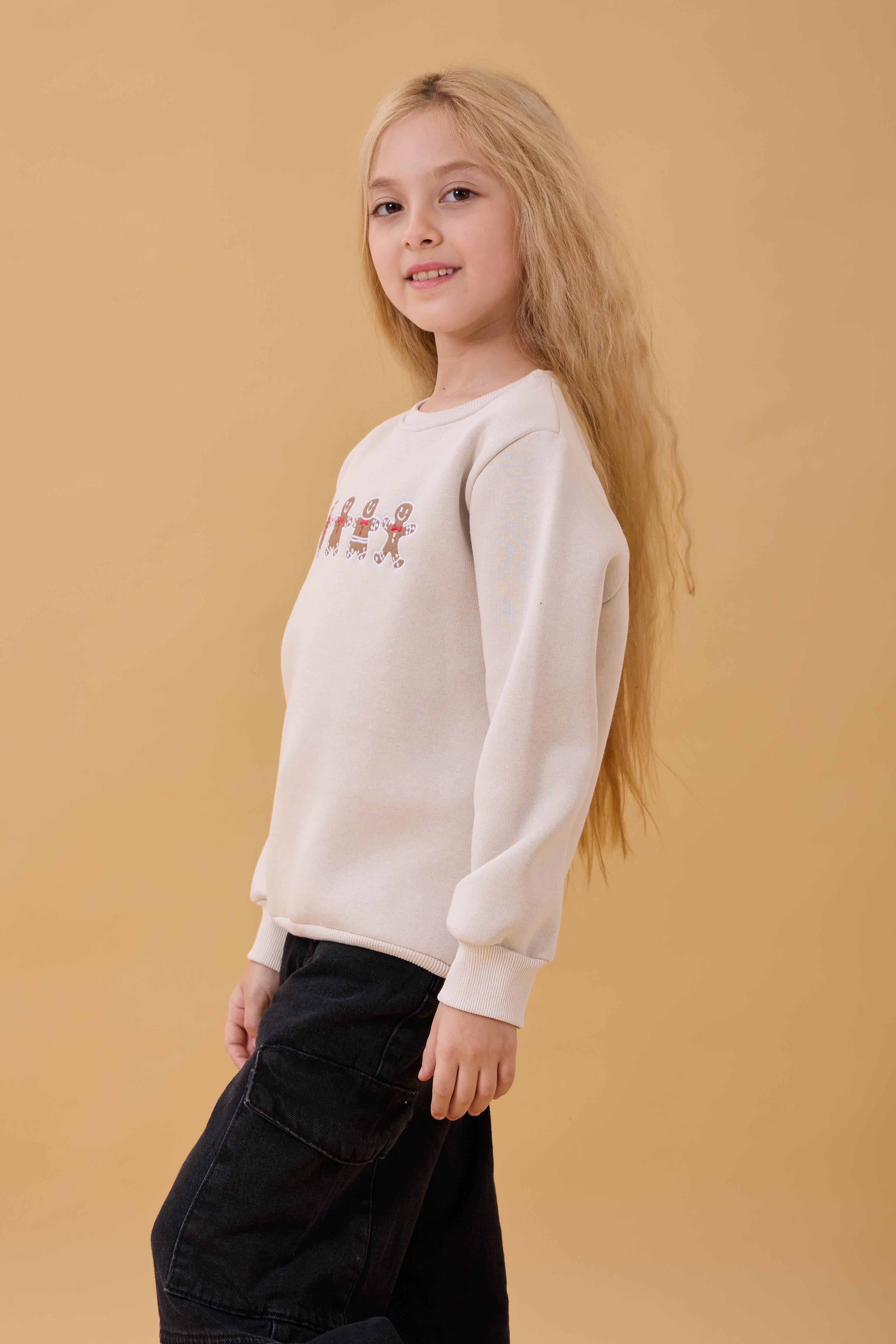 Kız Çocuk Bisiklet Yaka Kurabiye Nakışlı Sweatshirt Taş