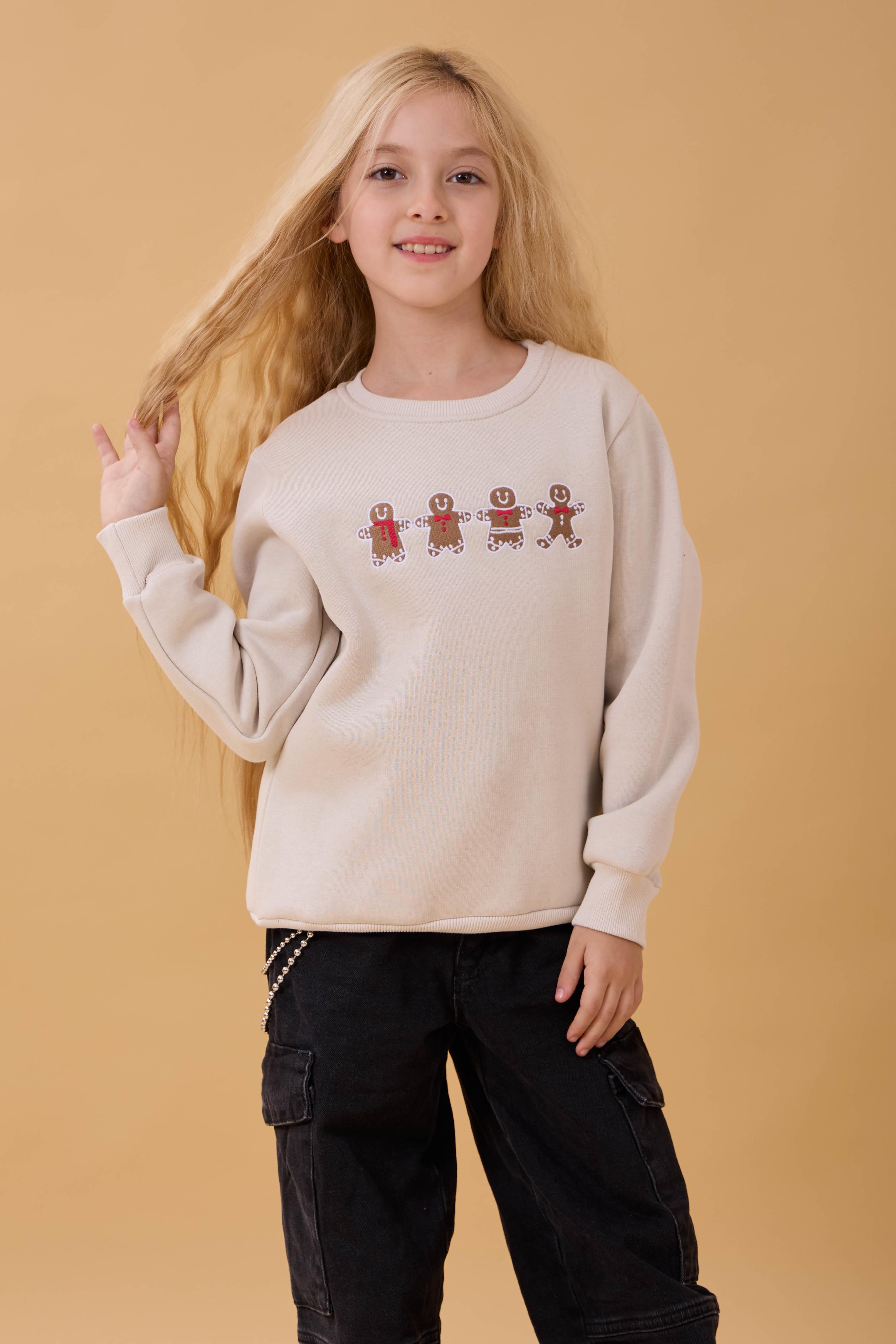 Kız Çocuk Bisiklet Yaka Kurabiye Nakışlı Sweatshirt Taş