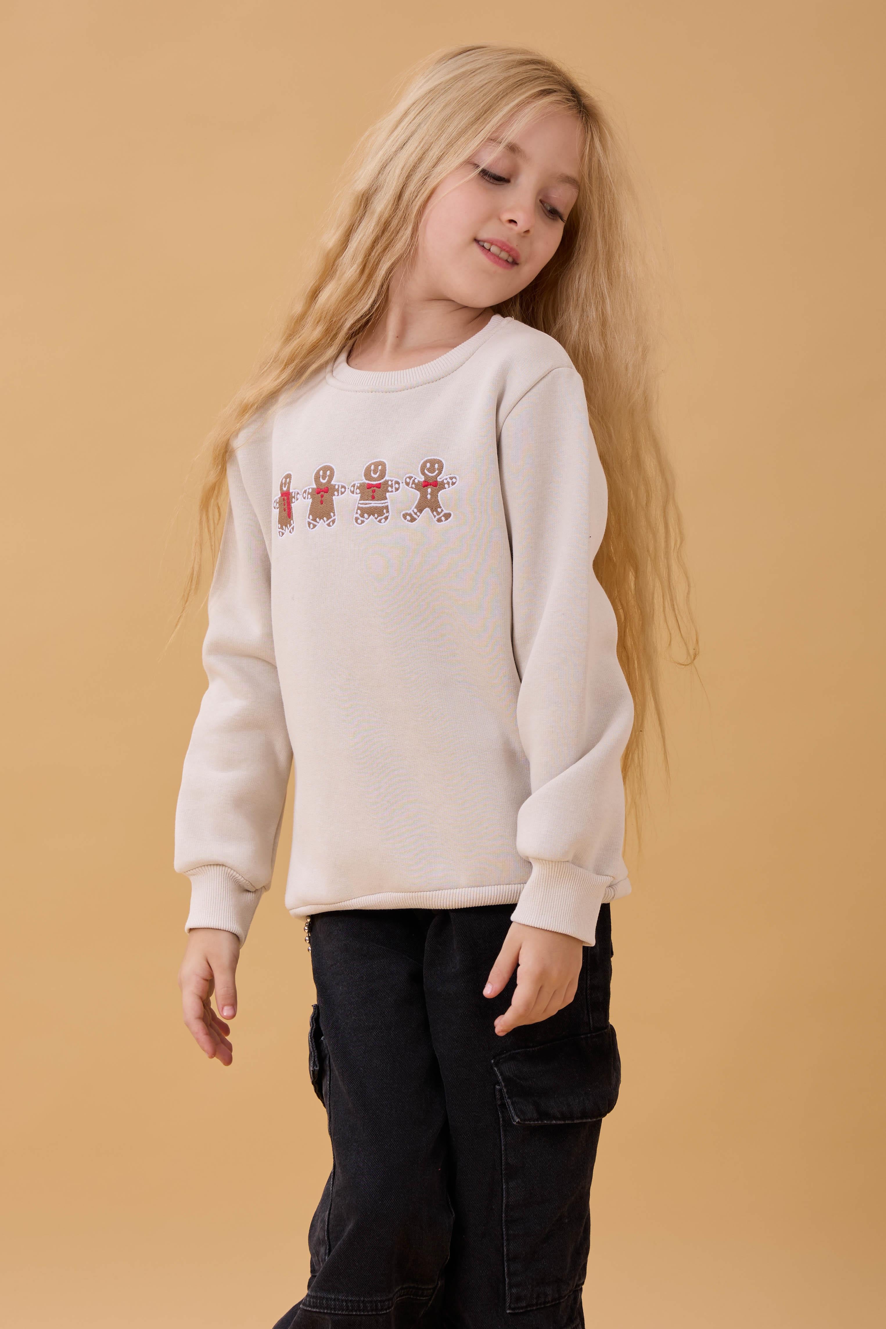 Kız Çocuk Bisiklet Yaka Kurabiye Nakışlı Sweatshirt Taş