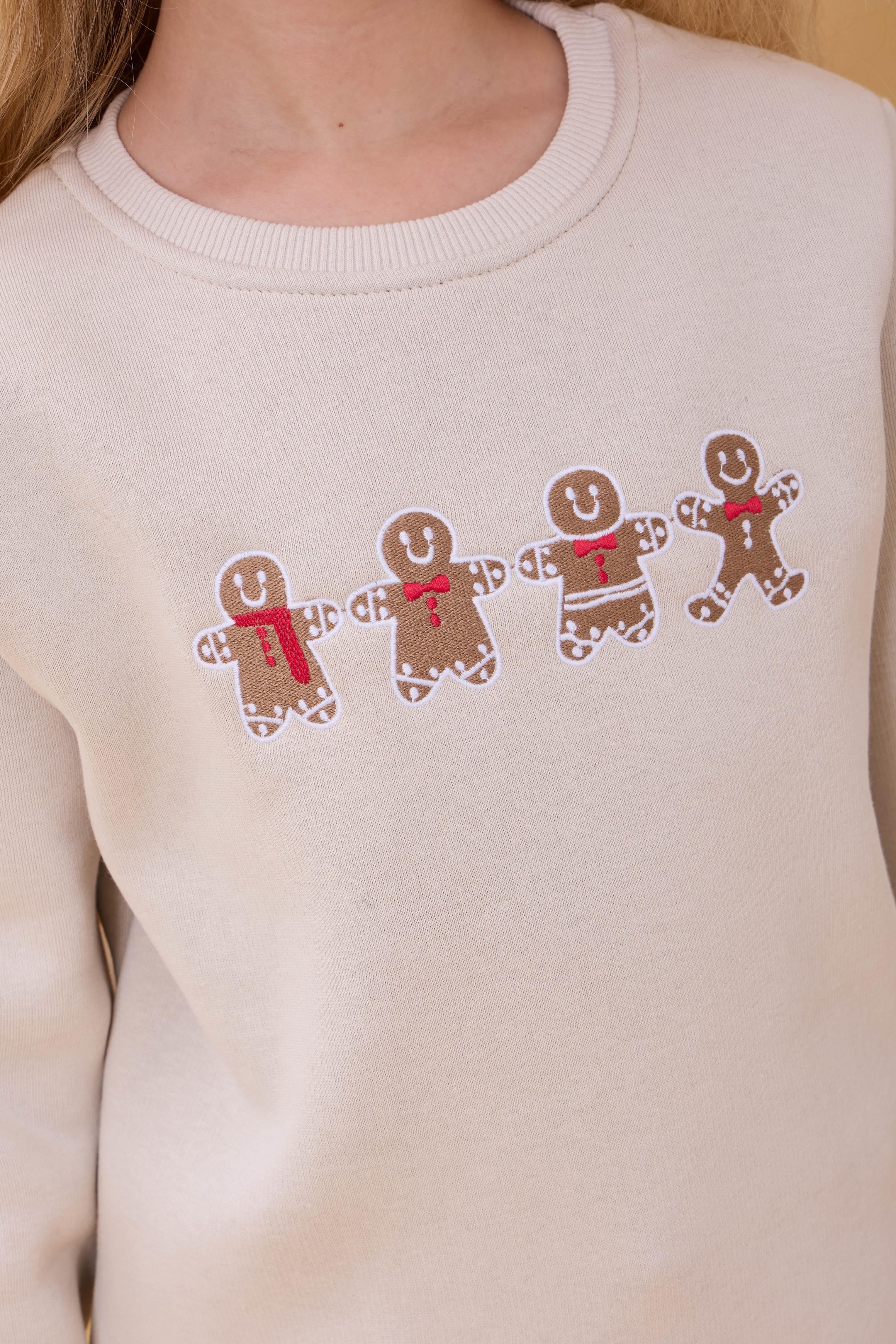 Kız Çocuk Bisiklet Yaka Kurabiye Nakışlı Sweatshirt Taş