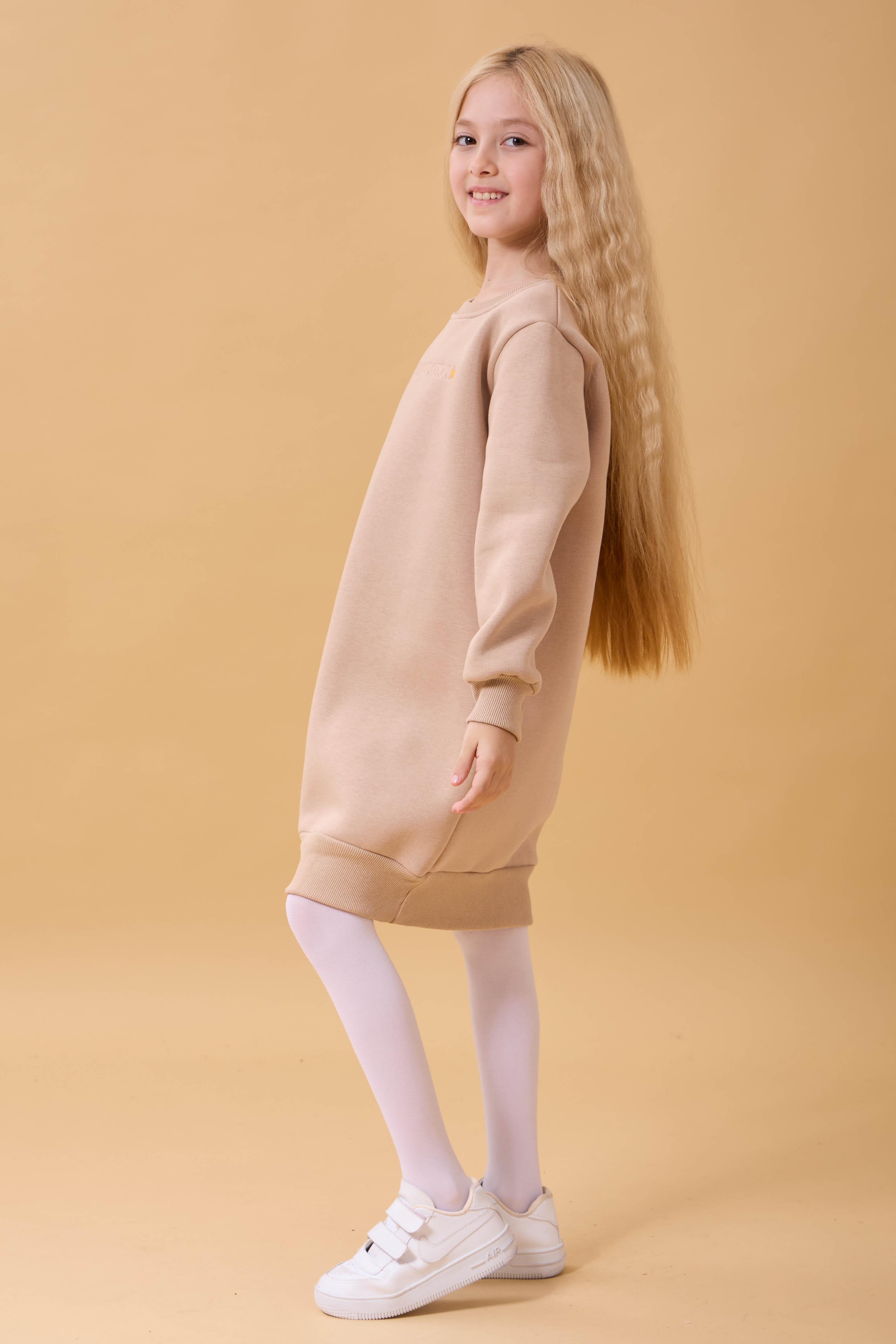 Kız Çocuk Bisiklet Yaka Nakış Detaylı İçi Polarlı Elbise