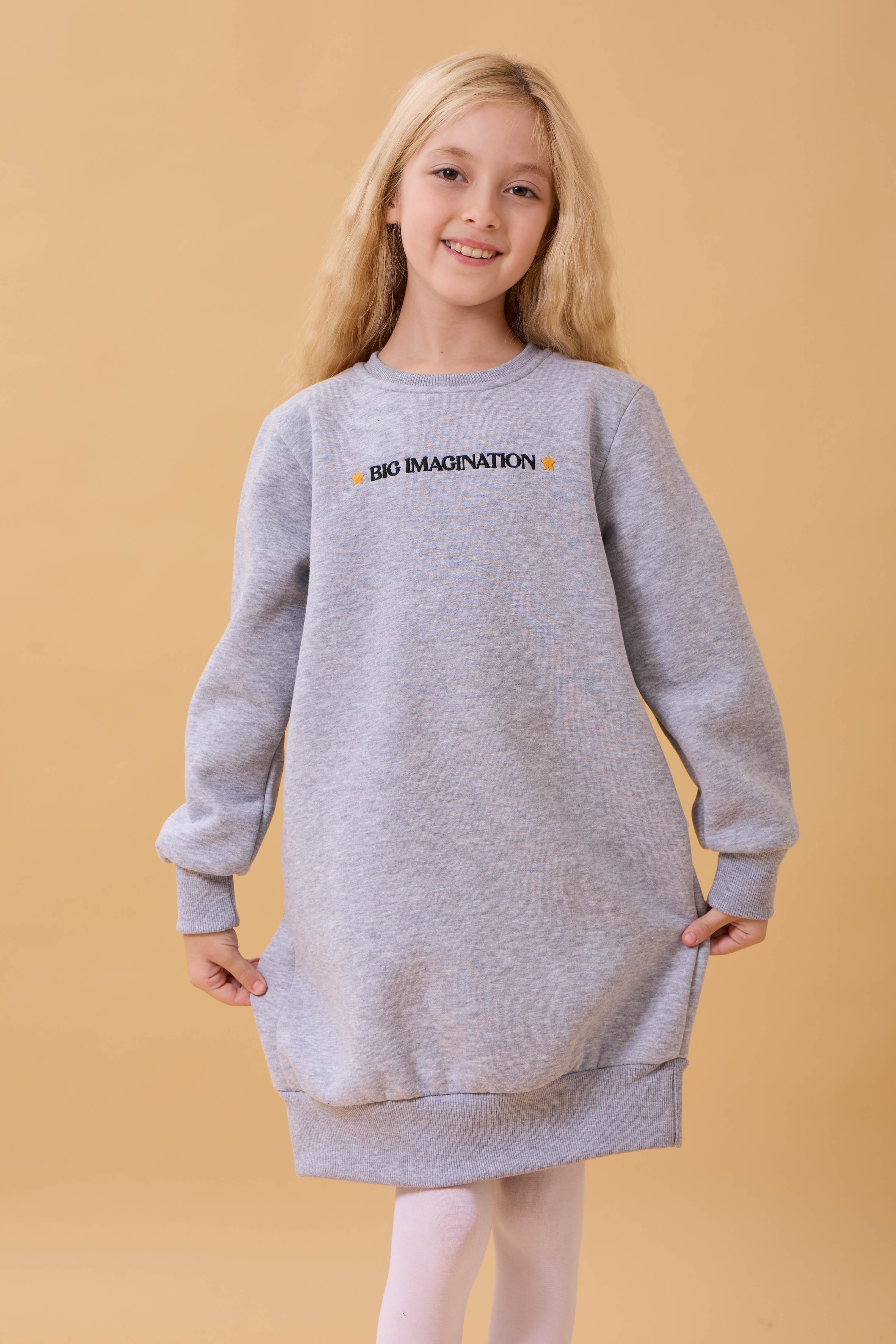 Kız Çocuk Bisiklet Yaka Nakış Detaylı İçi Polarlı Elbise