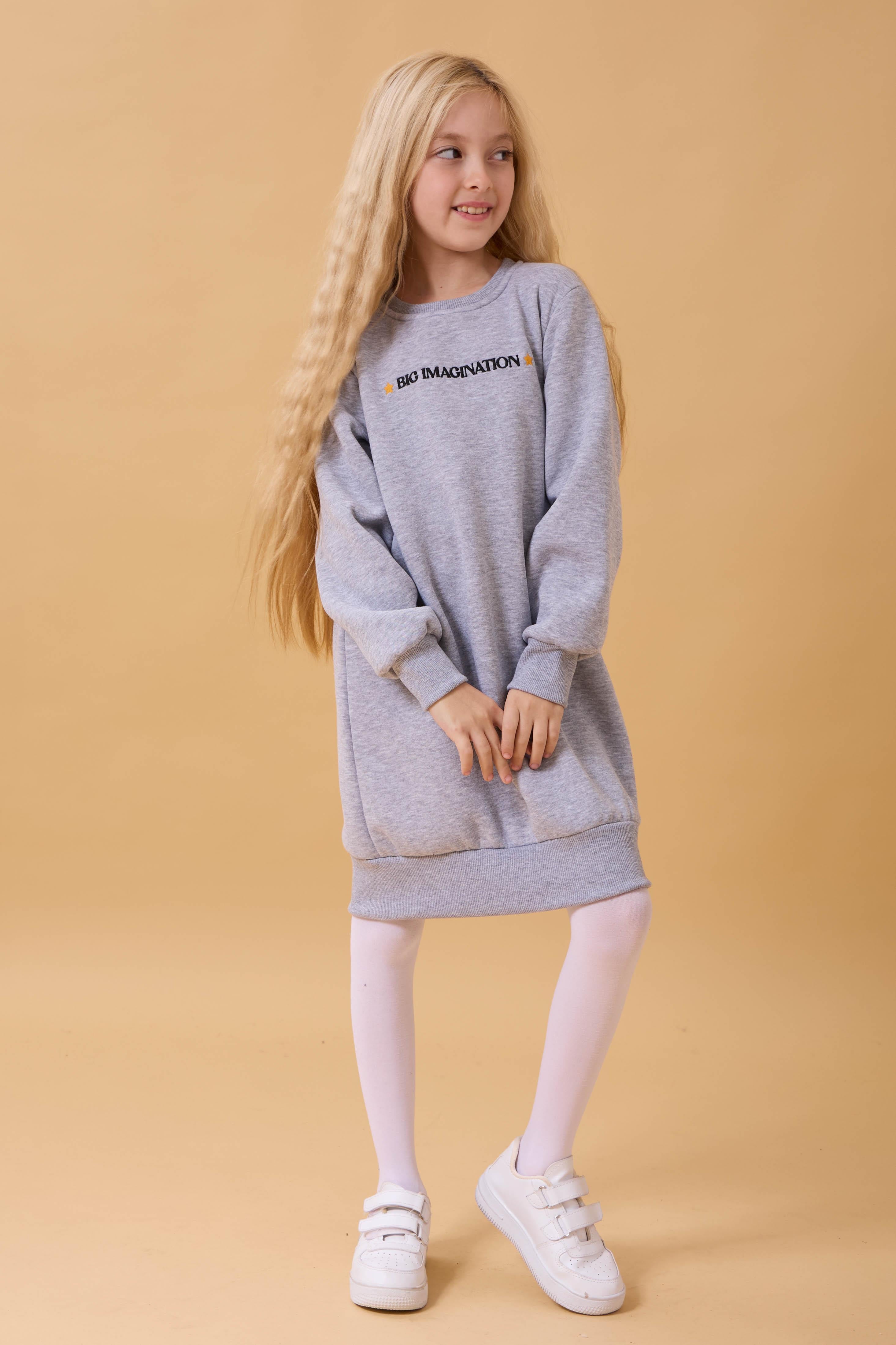 Kız Çocuk Bisiklet Yaka Nakış Detaylı İçi Polarlı Elbise