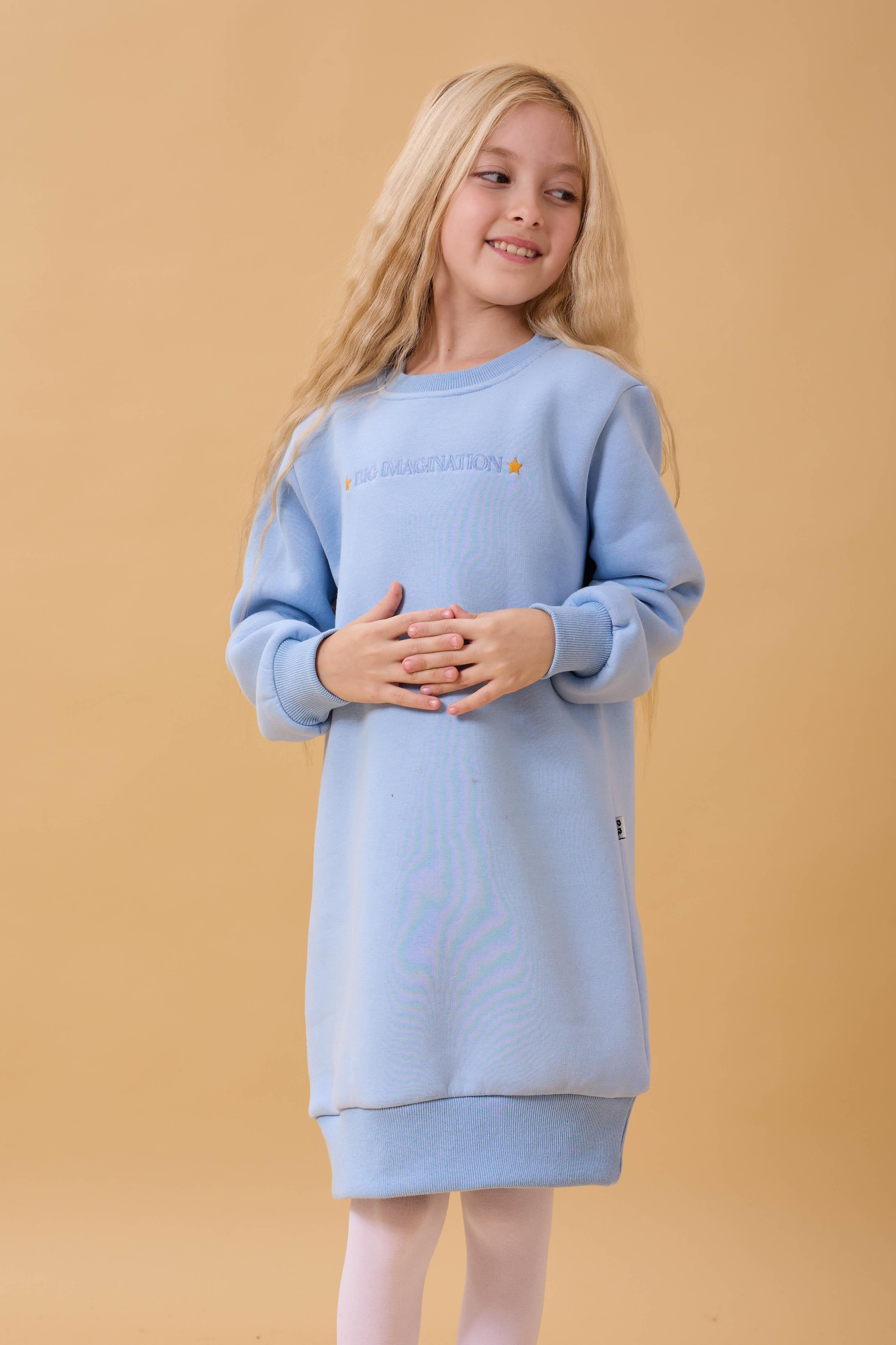 Kız Çocuk Bisiklet Yaka Nakış Detaylı İçi Polarlı Elbise Bebe Mavisi