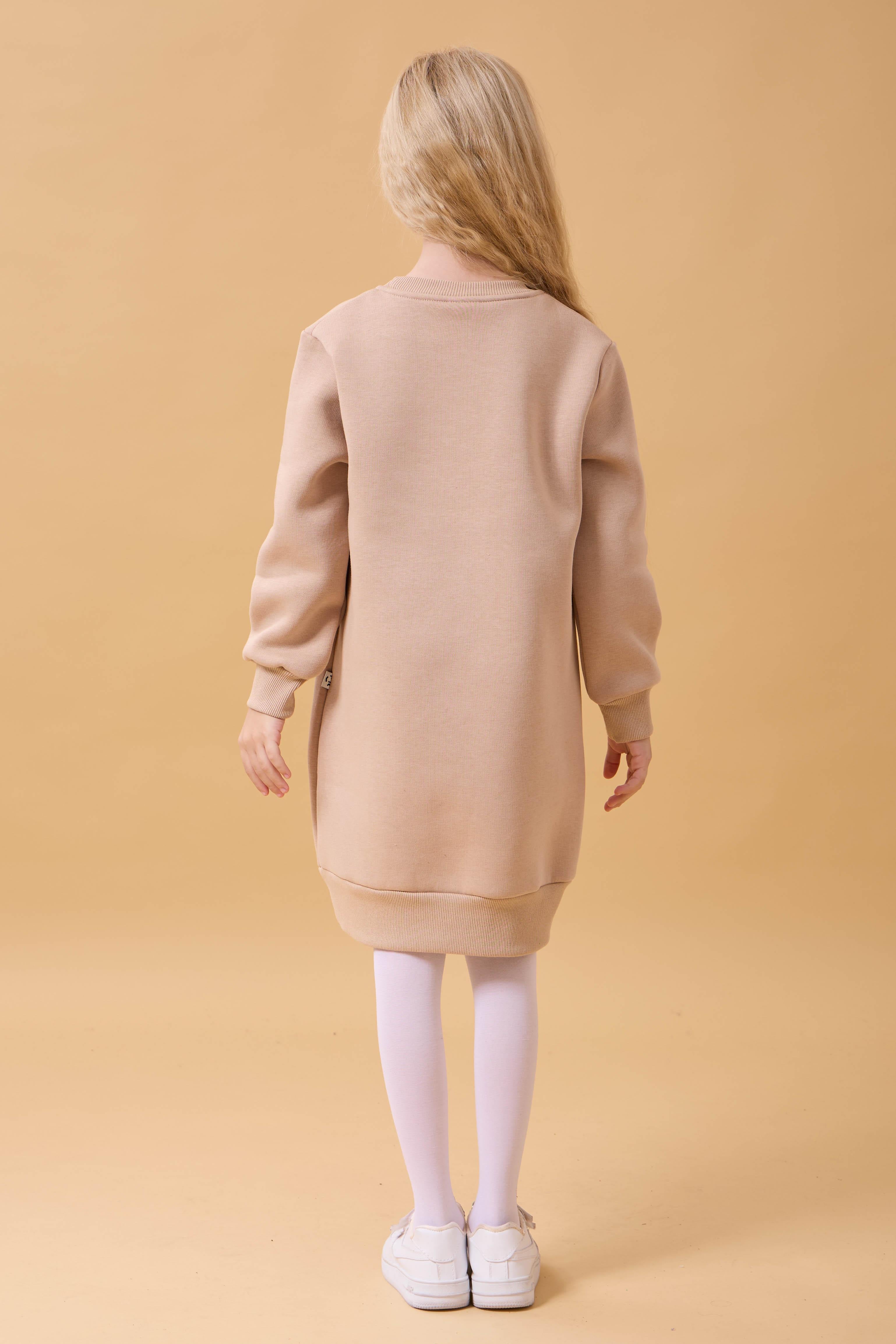 Kız Çocuk Bisiklet Yaka Nakış Detaylı İçi Polarlı Elbise Taş