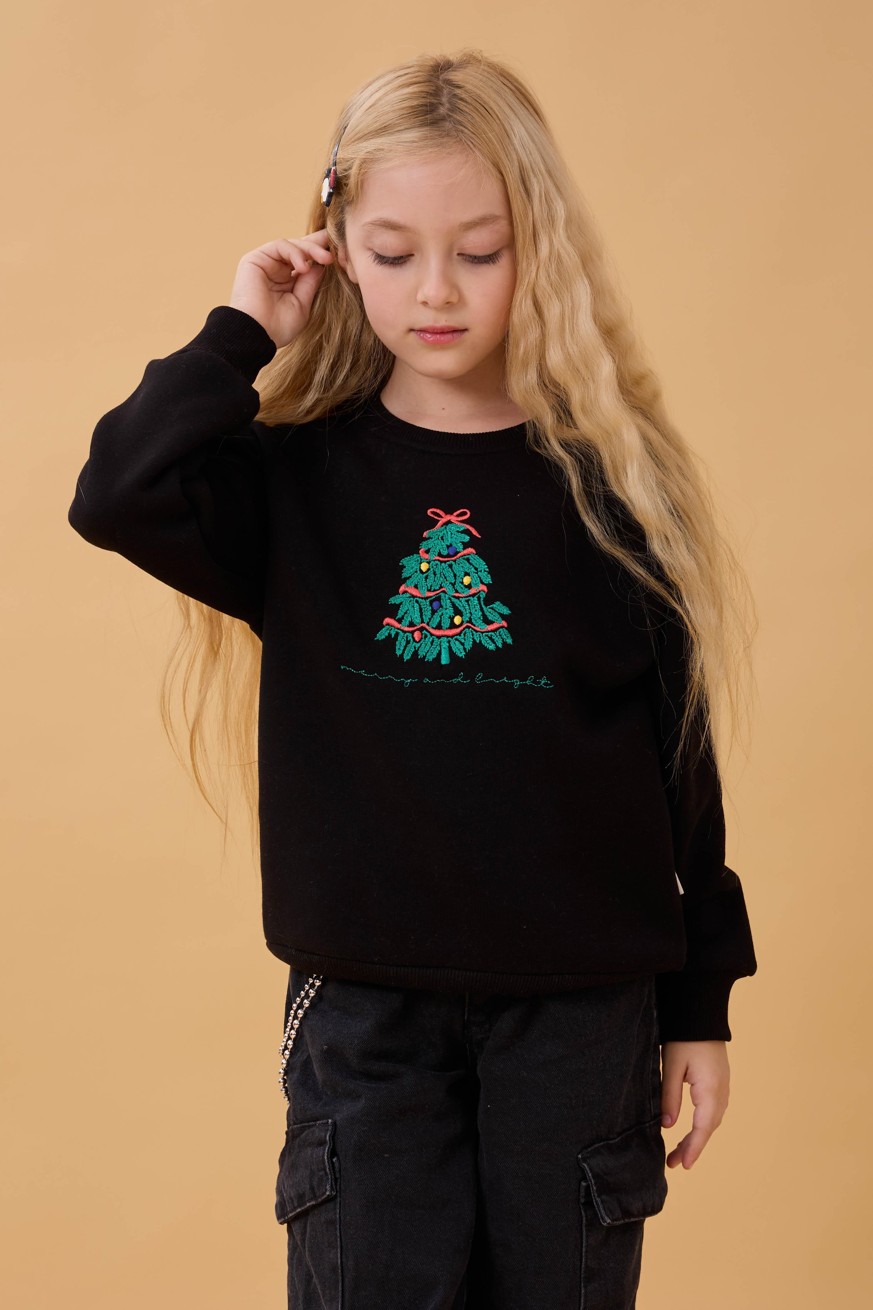 Kız Çocuk Bisiklet Yaka Nakış Detaylı Kışlık Sweatshirt