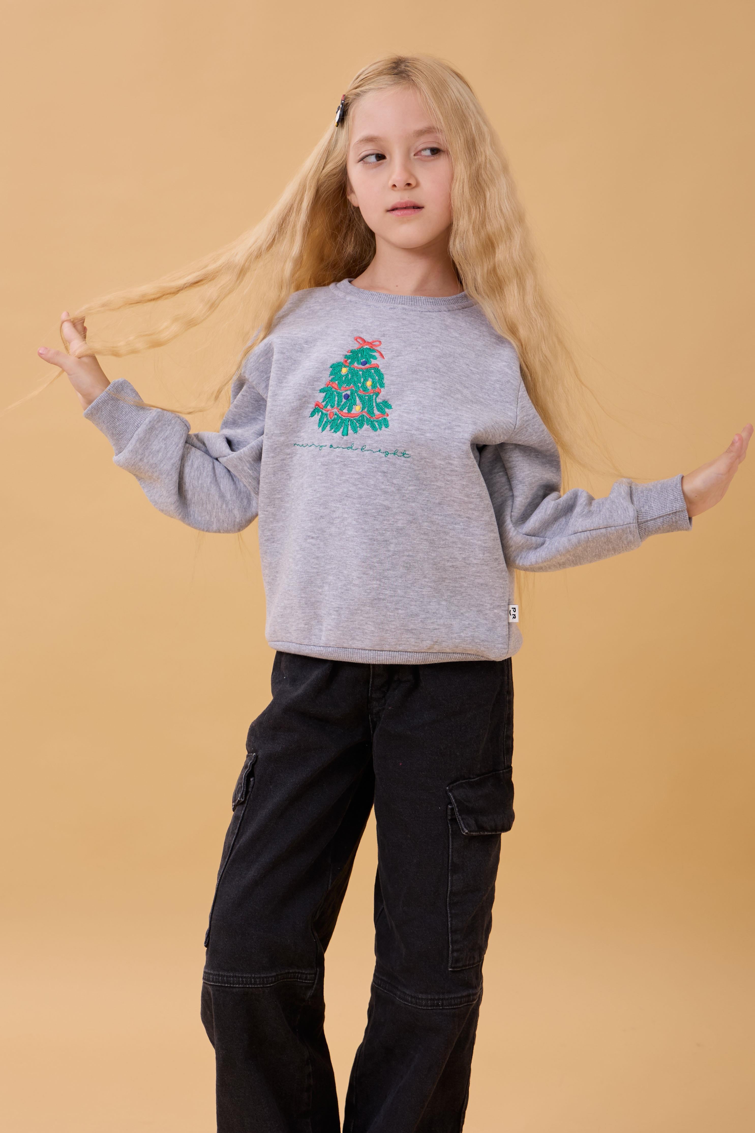 Kız Çocuk Bisiklet Yaka Nakış Detaylı Kışlık Sweatshirt