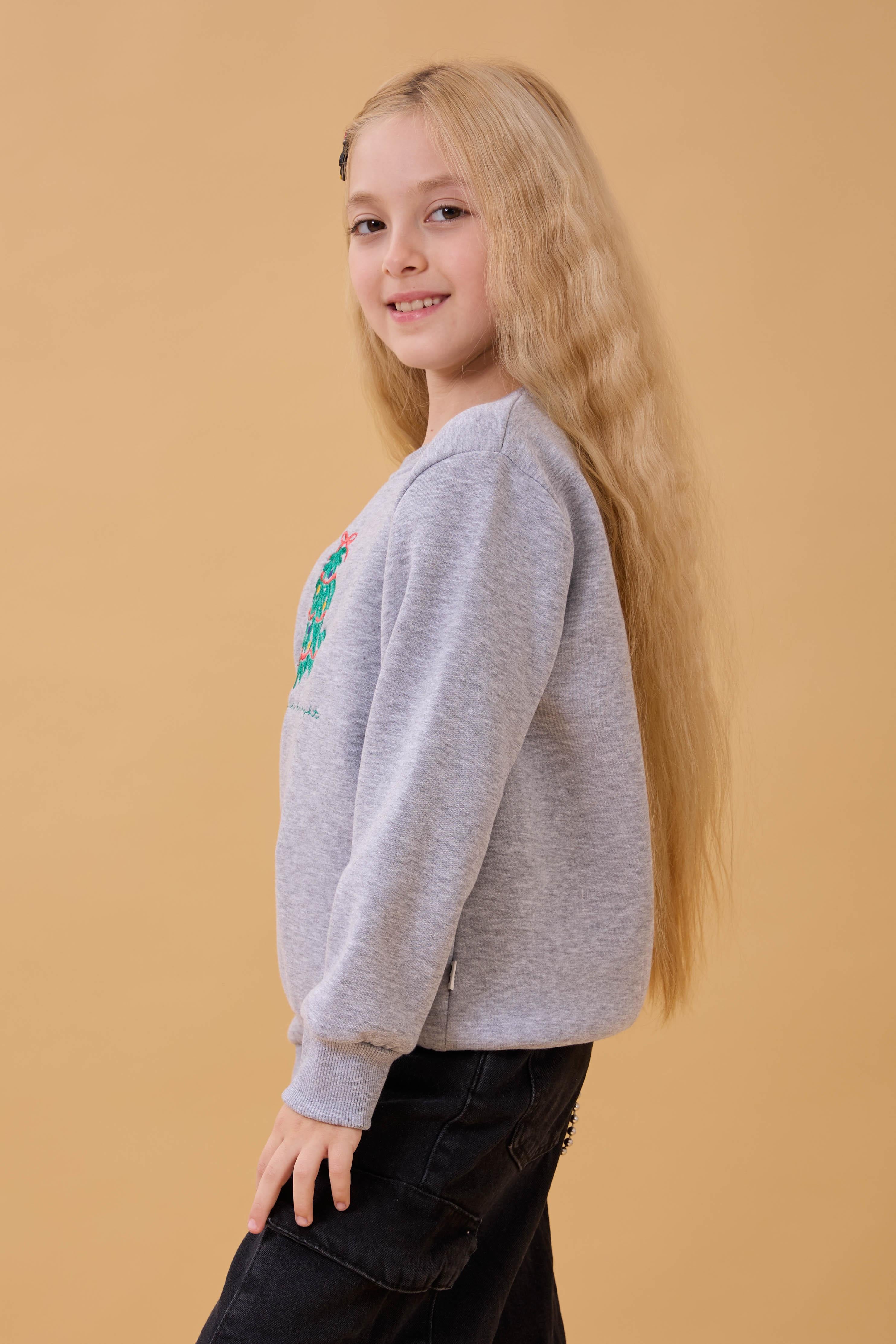 Kız Çocuk Bisiklet Yaka Nakış Detaylı Kışlık Sweatshirt – Gri Melanj