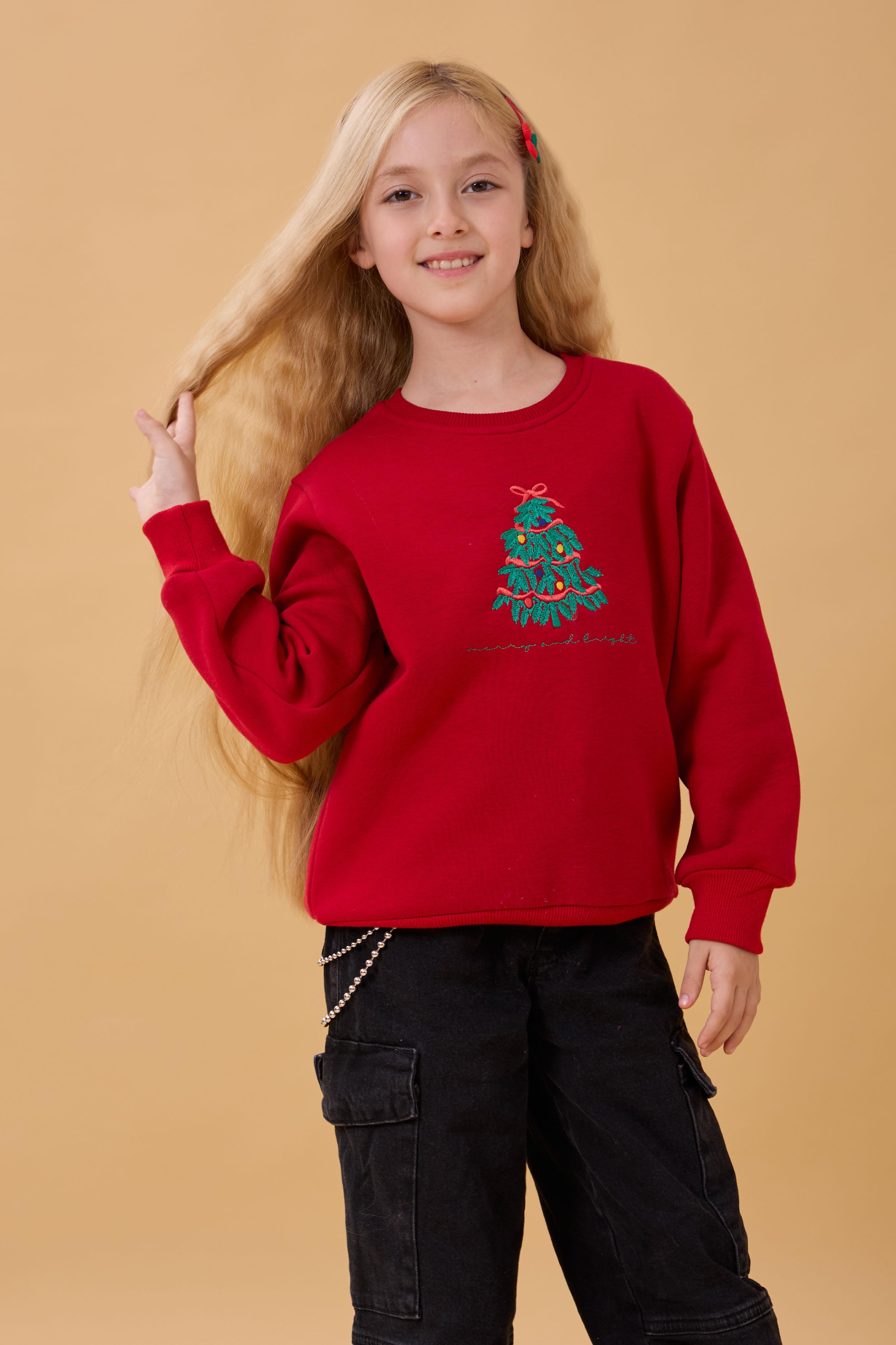 Kız Çocuk Bisiklet Yaka Nakış Detaylı Kışlık Sweatshirt – Kırmızı