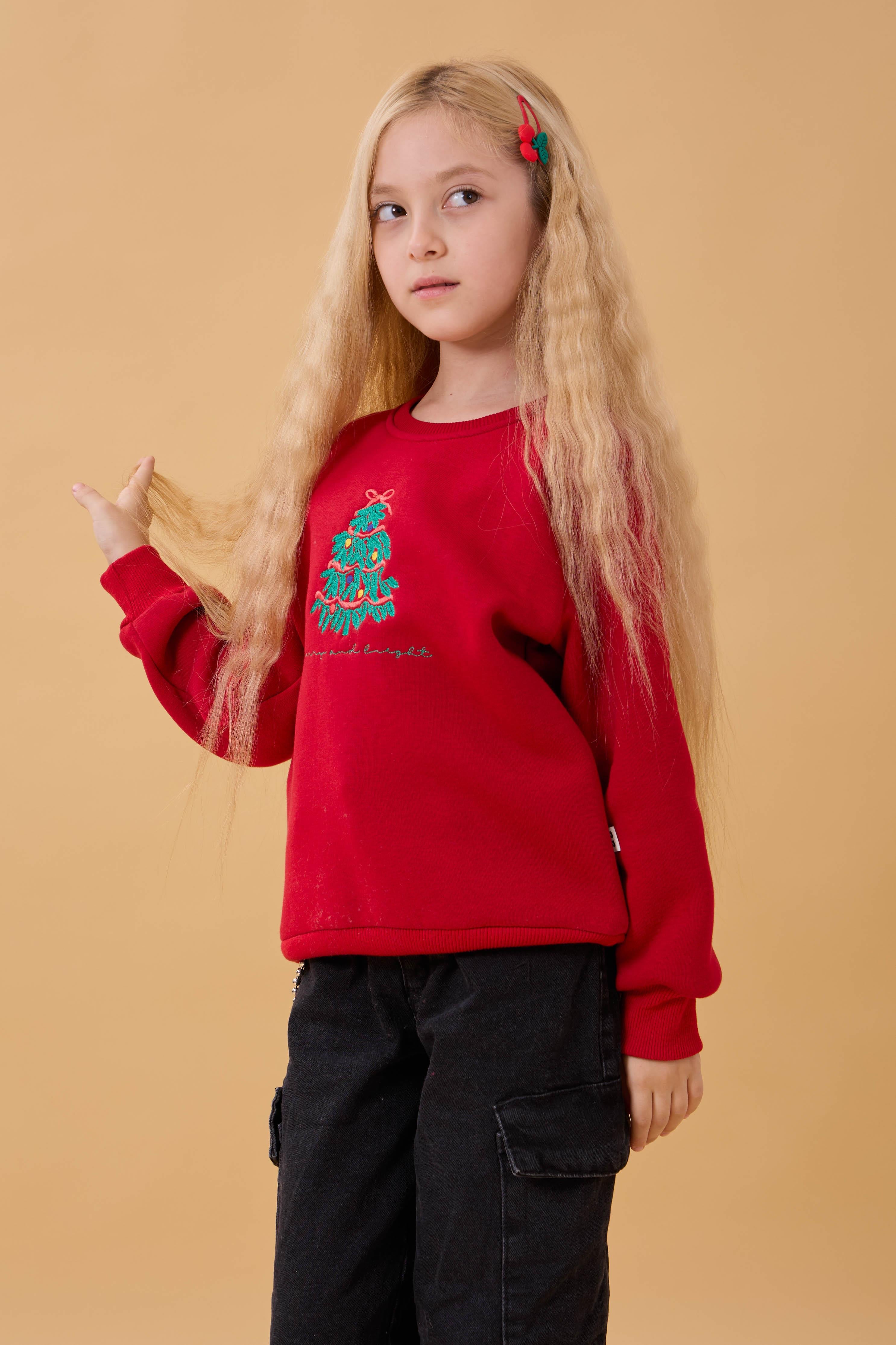 Kız Çocuk Bisiklet Yaka Nakış Detaylı Kışlık Sweatshirt – Kırmızı