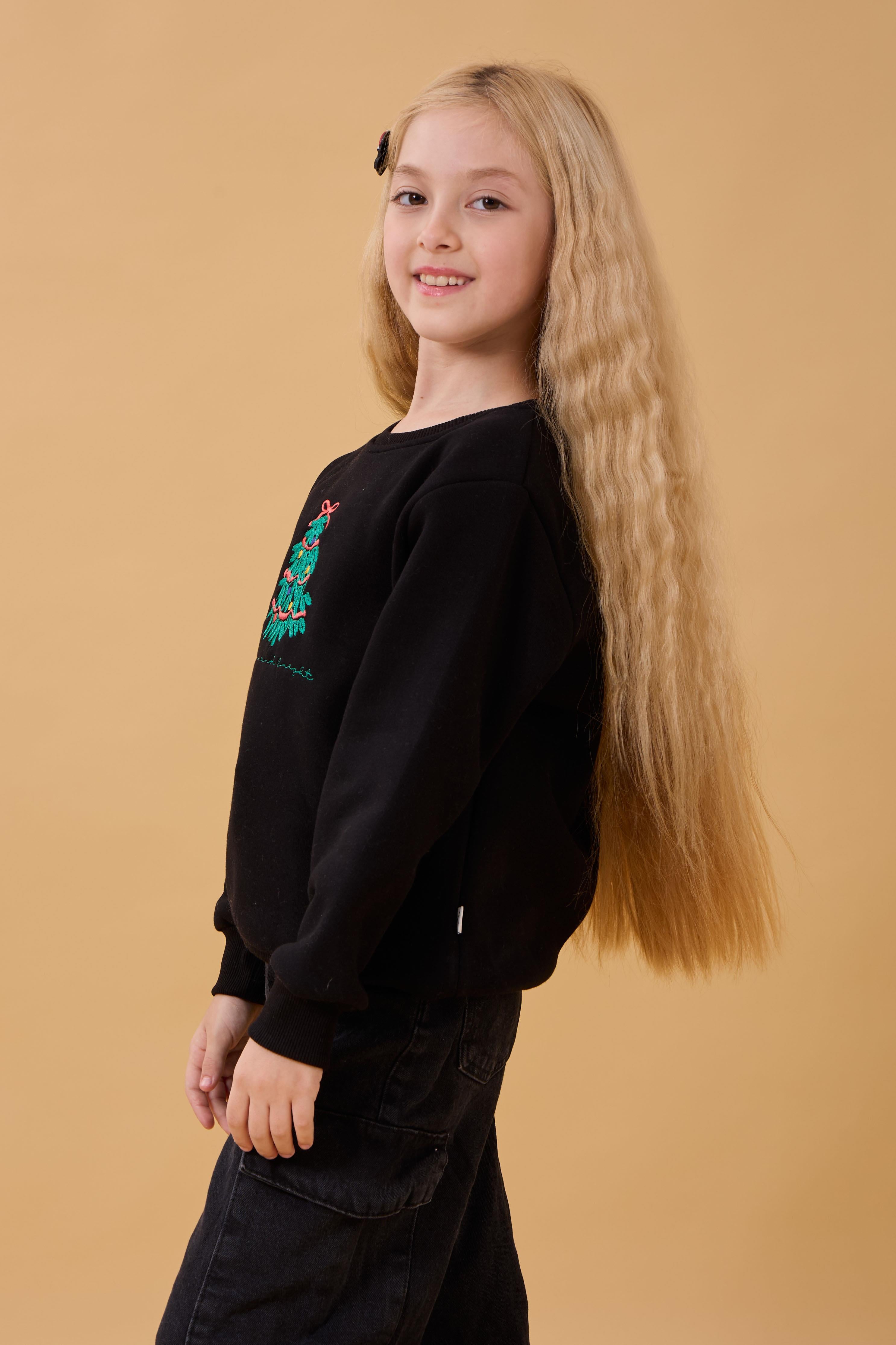 Kız Çocuk Bisiklet Yaka Nakış Detaylı Kışlık Sweatshirt – Siyah