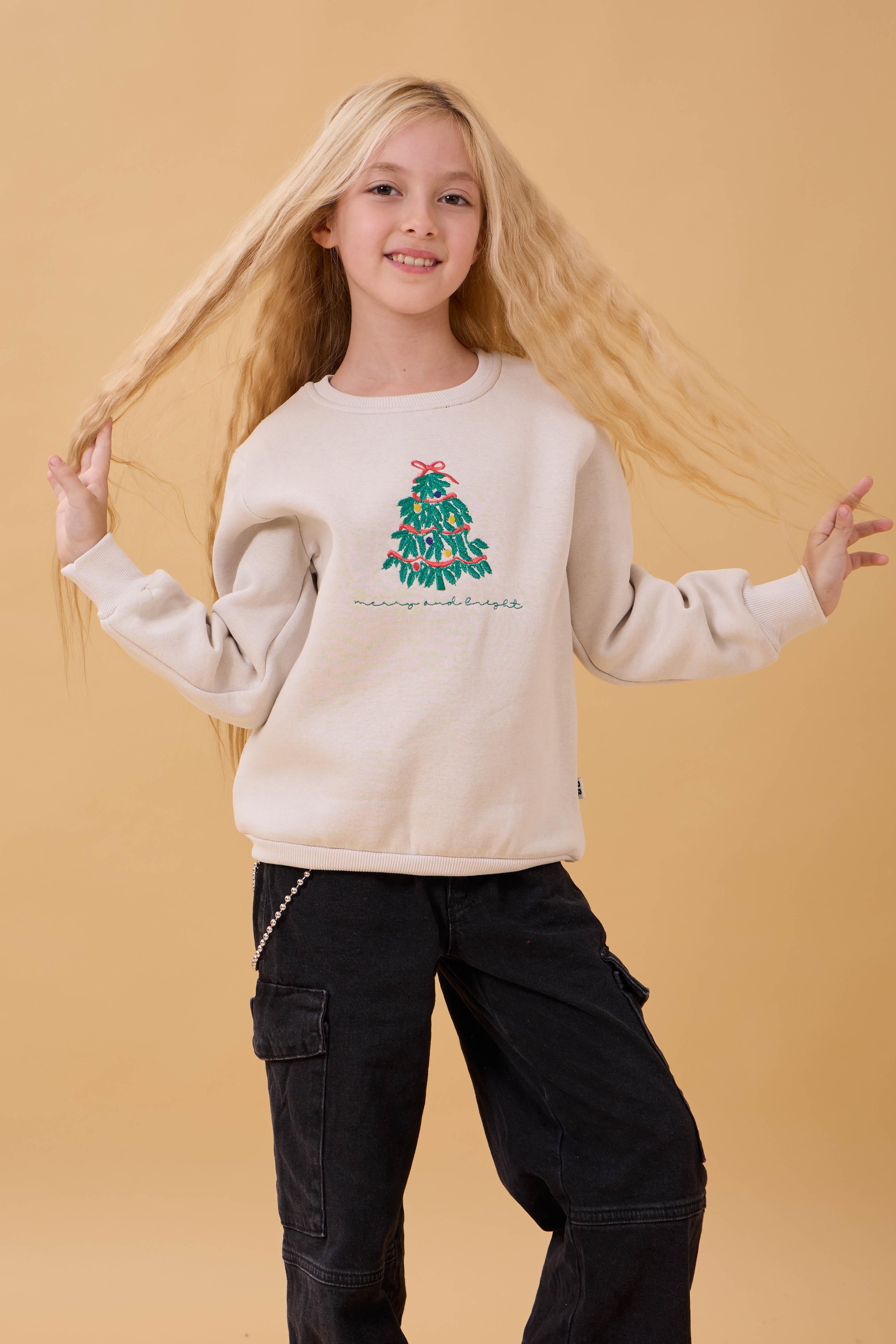 Kız Çocuk Bisiklet Yaka Nakış Detaylı Kışlık Sweatshirt – Taş