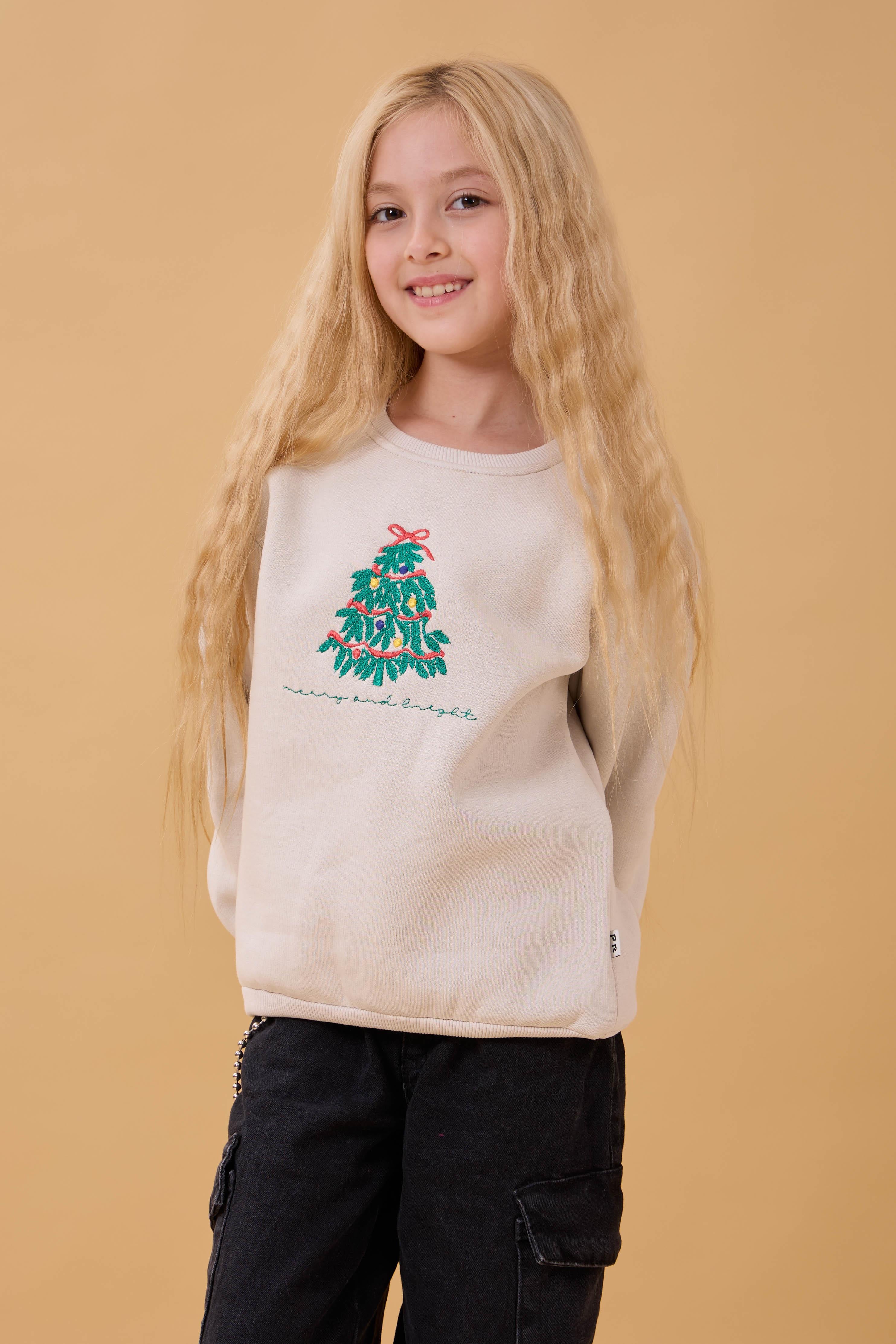 Kız Çocuk Bisiklet Yaka Nakış Detaylı Kışlık Sweatshirt – Taş