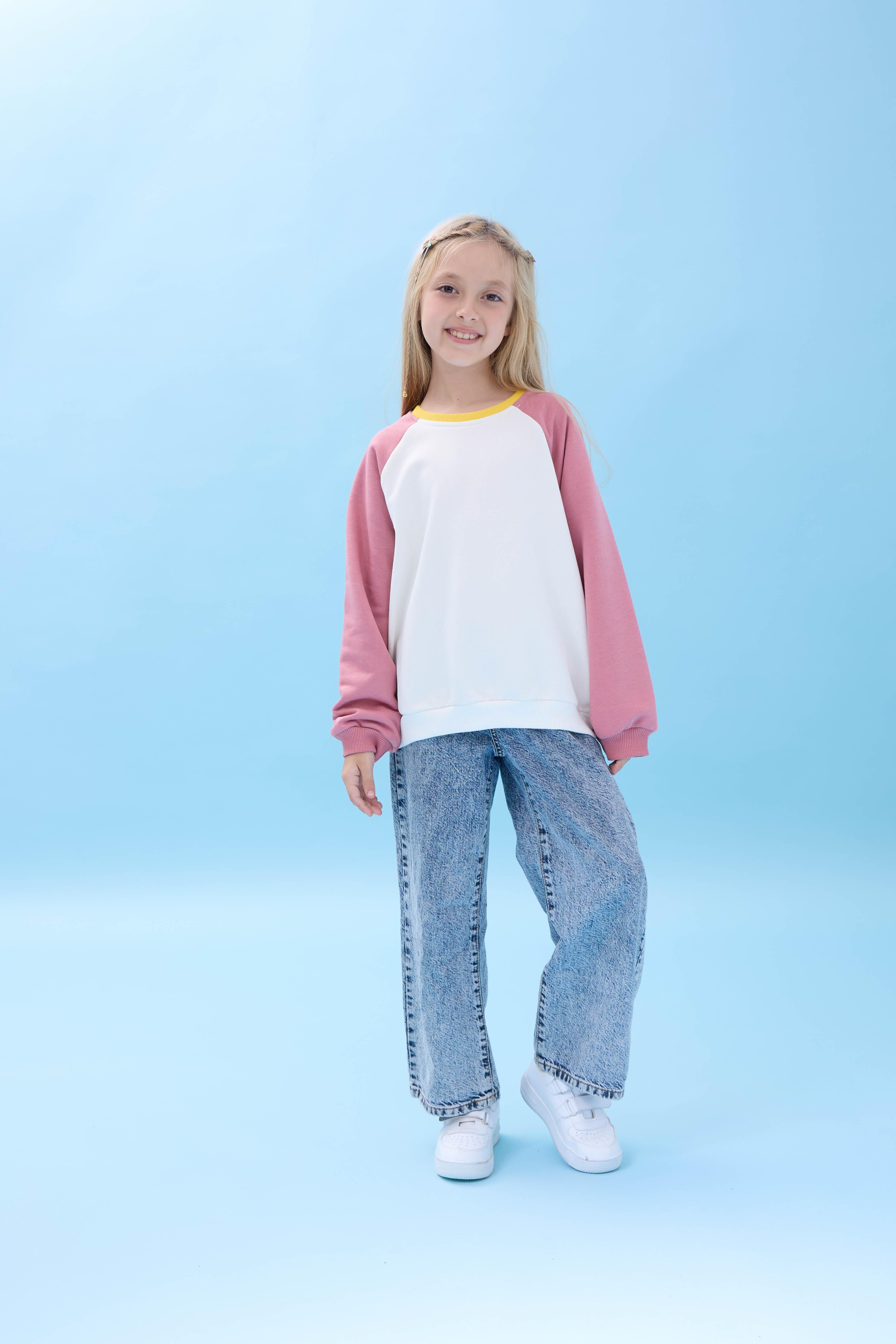 Kız Çocuk Bisiklet Yaka Renkli Basic Oversize Mevsimlik Kreş Sweatshirt - Ekru/Gül Kurusu
