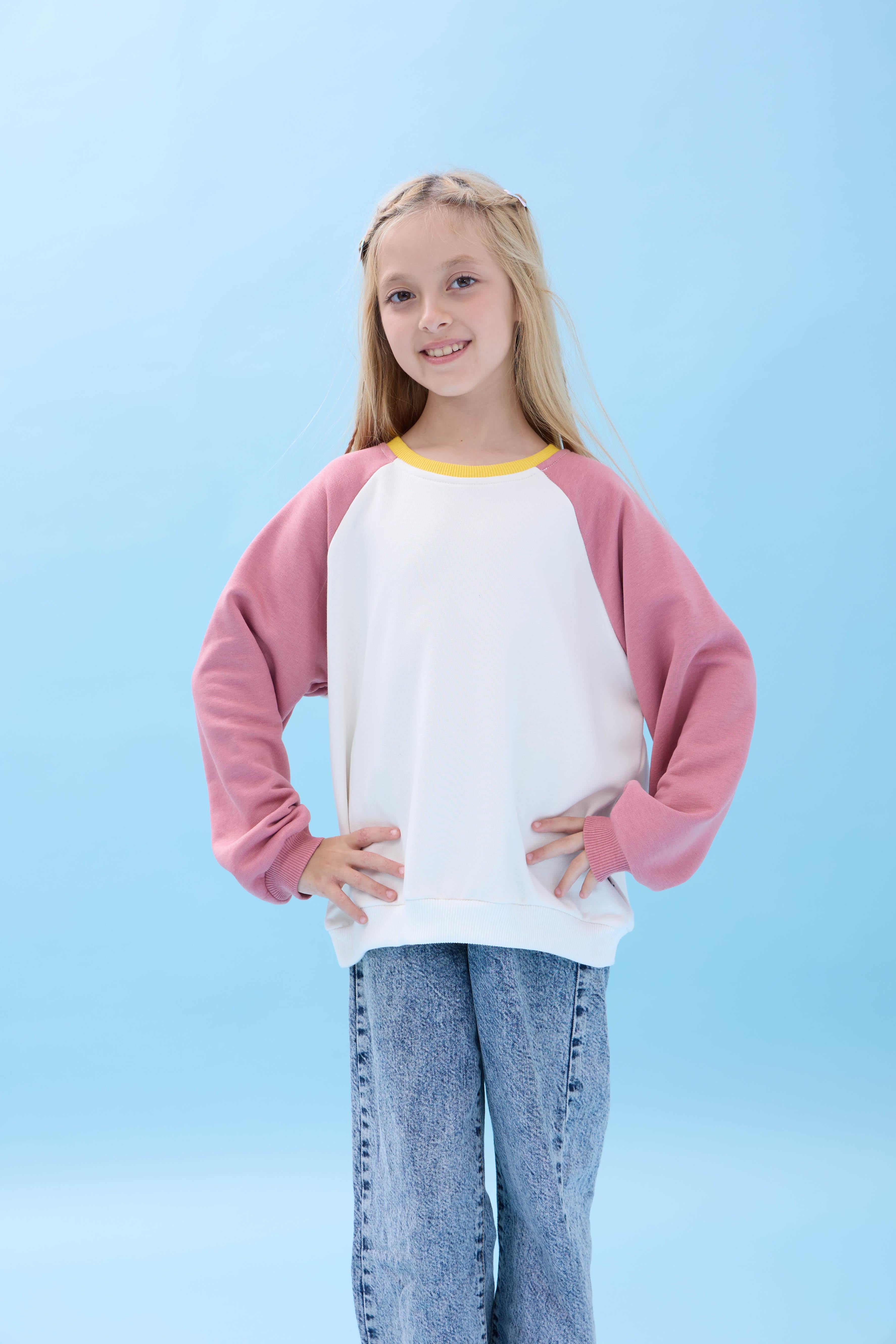 Kız Çocuk Bisiklet Yaka Renkli Basic Oversize Mevsimlik Kreş Sweatshirt - Ekru/Gül Kurusu