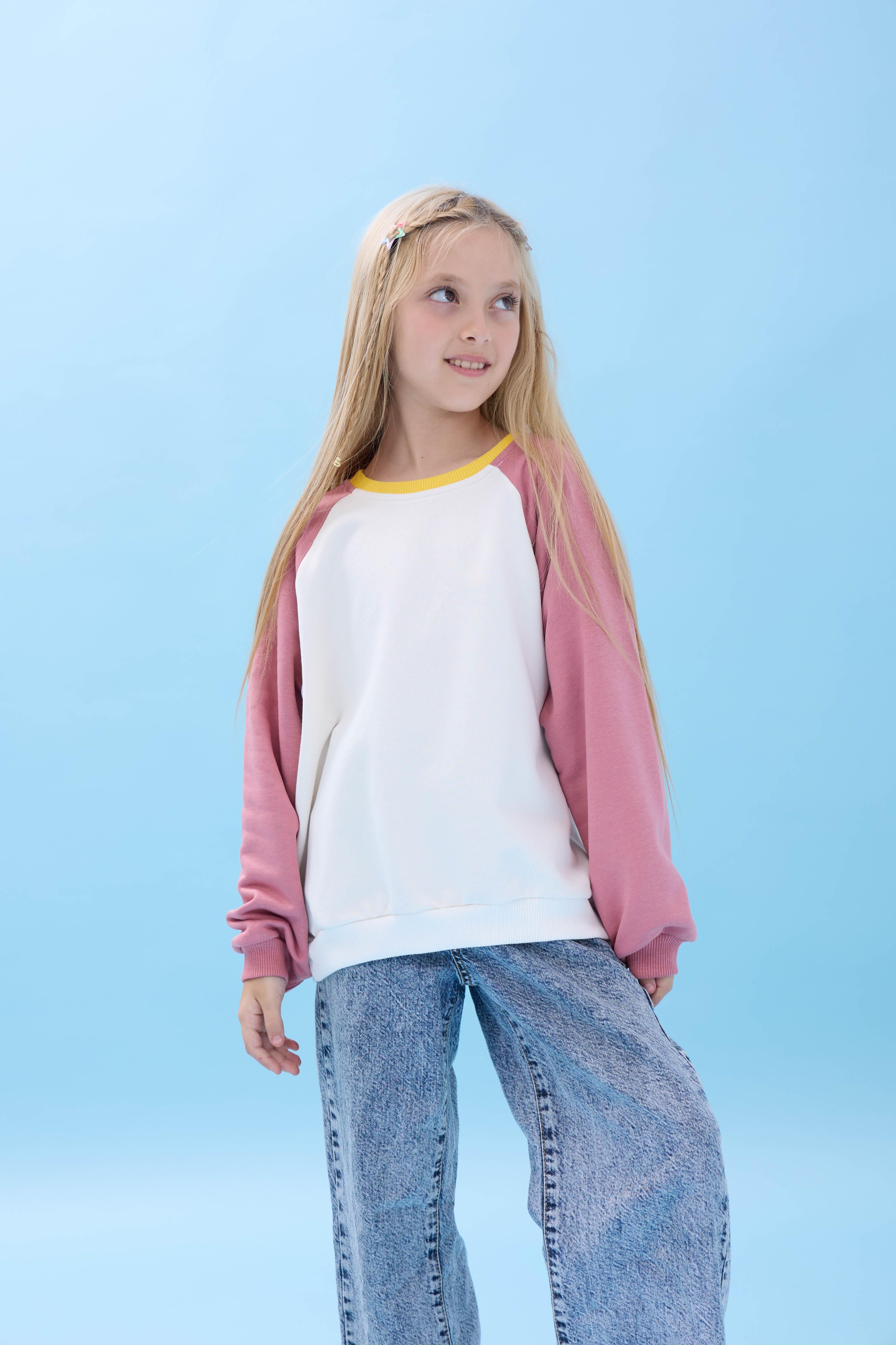 Kız Çocuk Bisiklet Yaka Renkli Basic Oversize Mevsimlik Kreş Sweatshirt - Ekru/Gül Kurusu