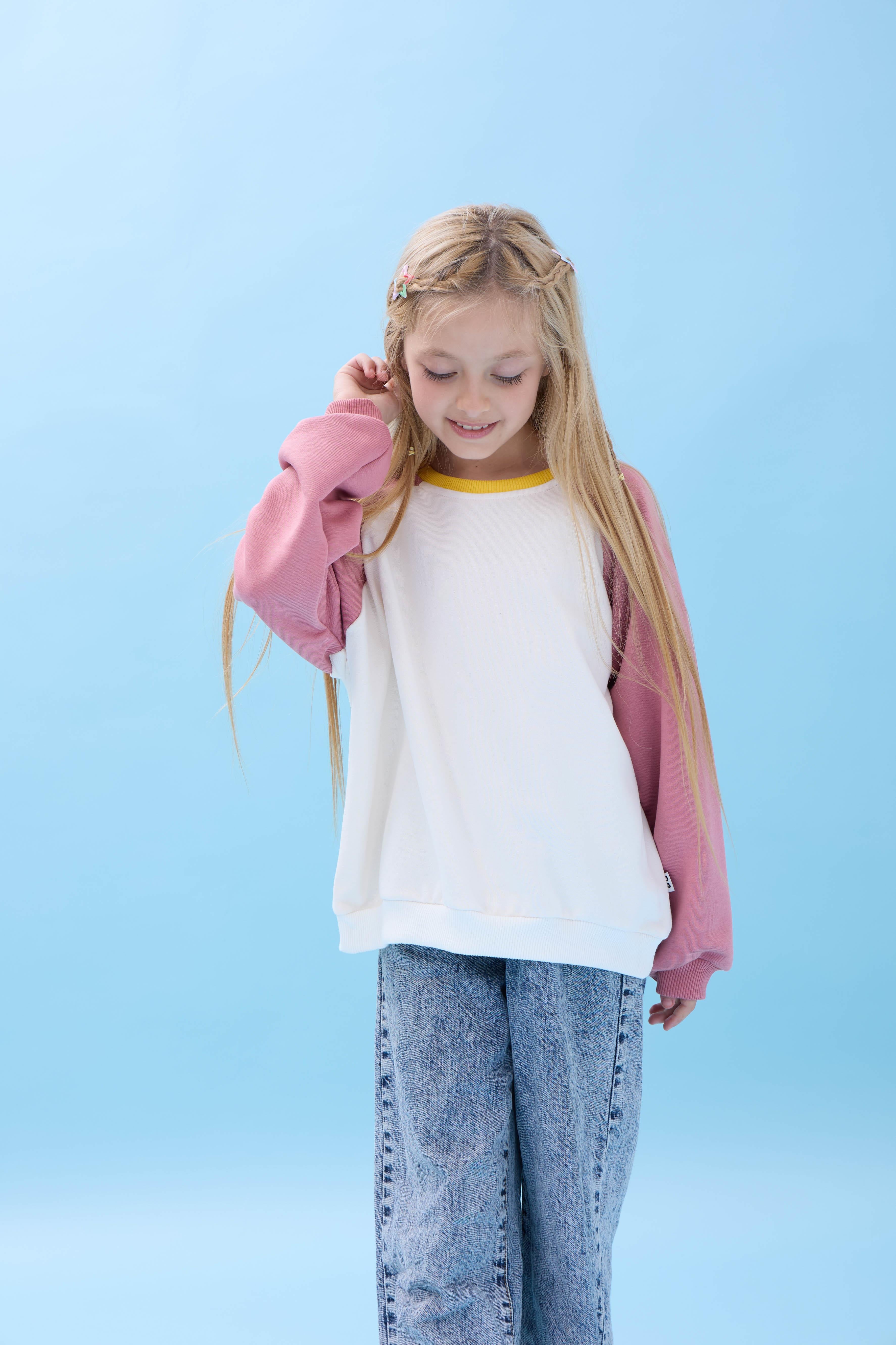 Kız Çocuk Bisiklet Yaka Renkli Basic Oversize Mevsimlik Kreş Sweatshirt - Ekru/Gül Kurusu