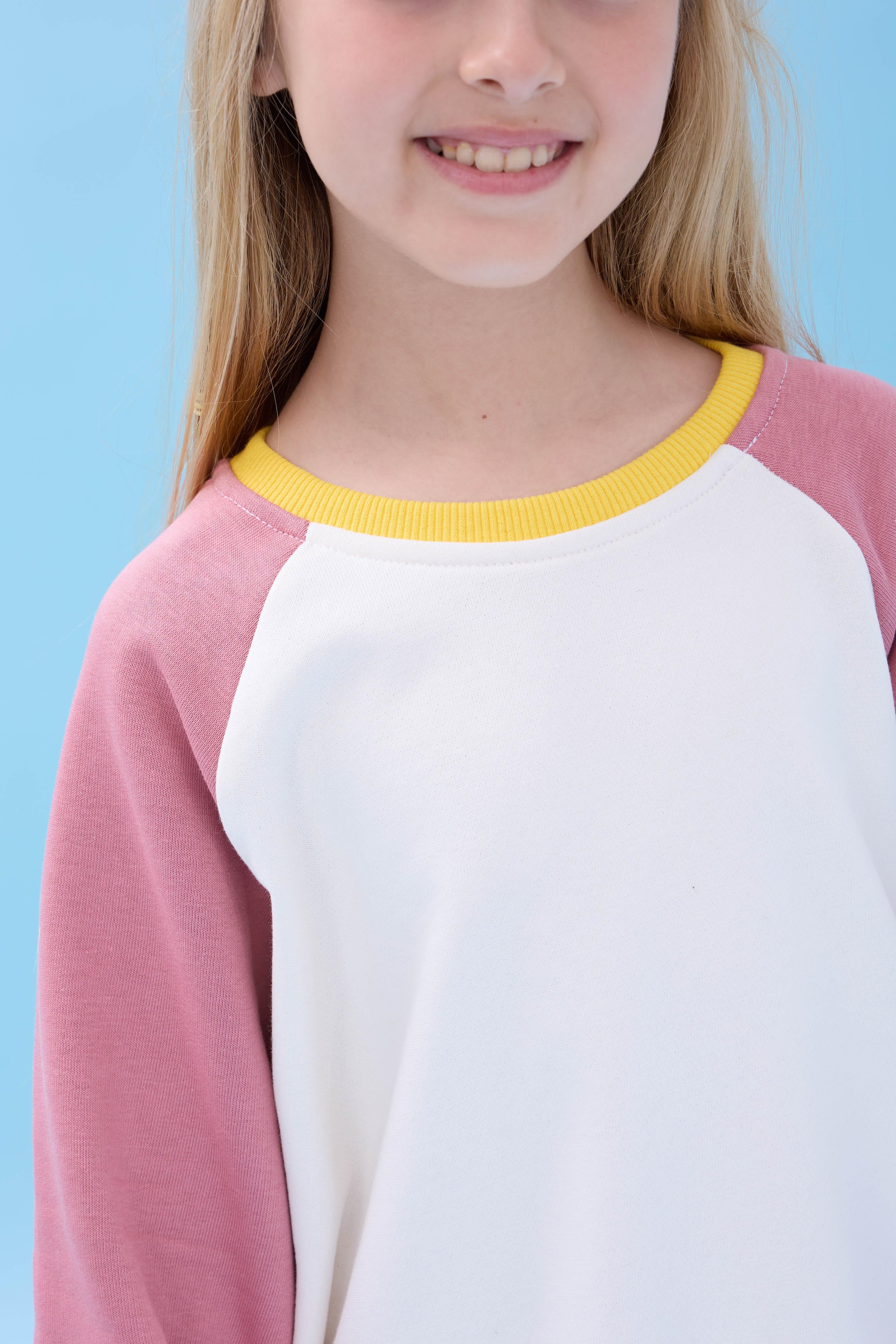 Kız Çocuk Bisiklet Yaka Renkli Basic Oversize Mevsimlik Kreş Sweatshirt - Ekru/Gül Kurusu