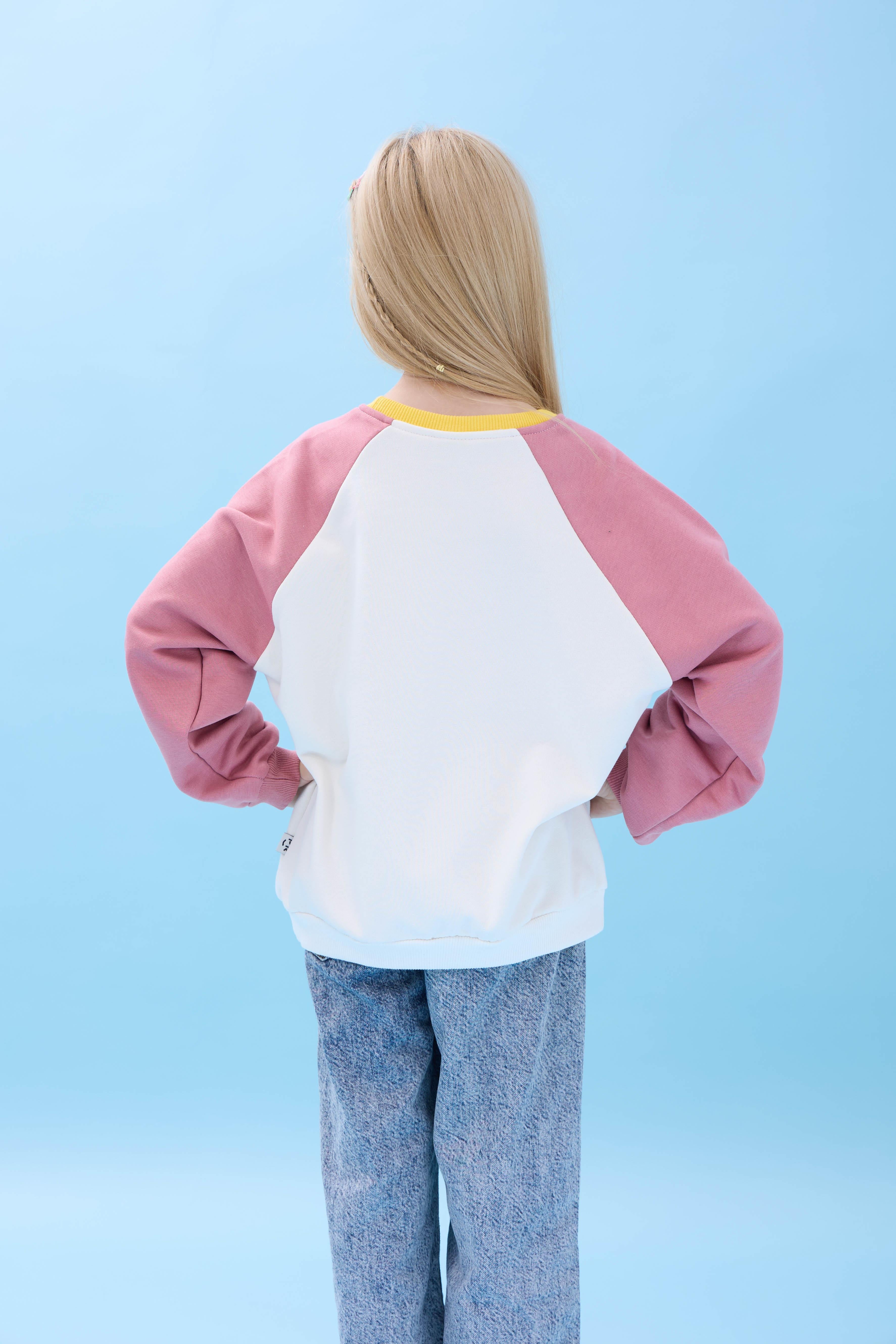 Kız Çocuk Bisiklet Yaka Renkli Basic Oversize Mevsimlik Kreş Sweatshirt - Ekru/Gül Kurusu