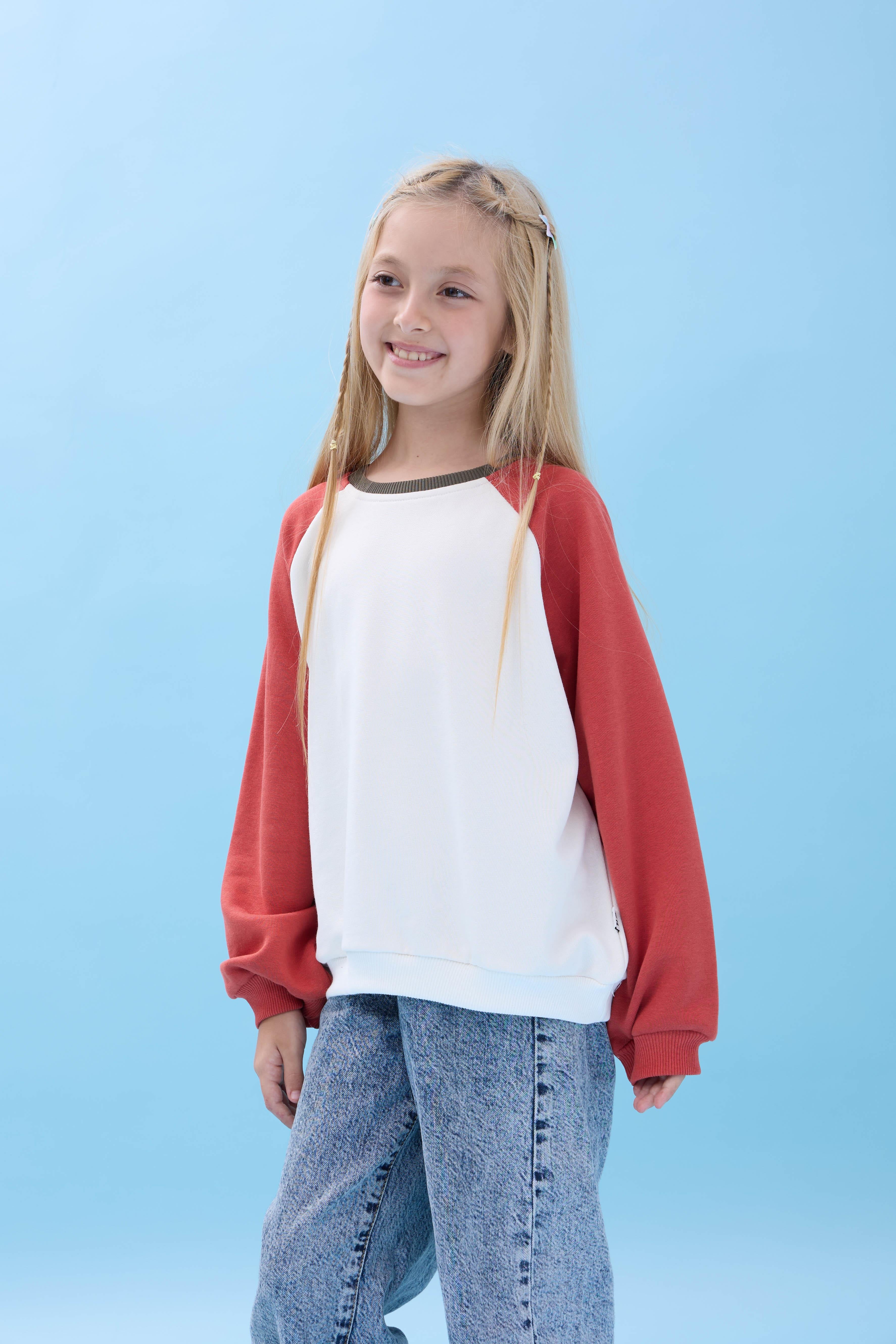 Kız Çocuk Bisiklet Yaka Renkli Basic Oversize Mevsimlik Kreş Sweatshirt - Ekru/Kiremit