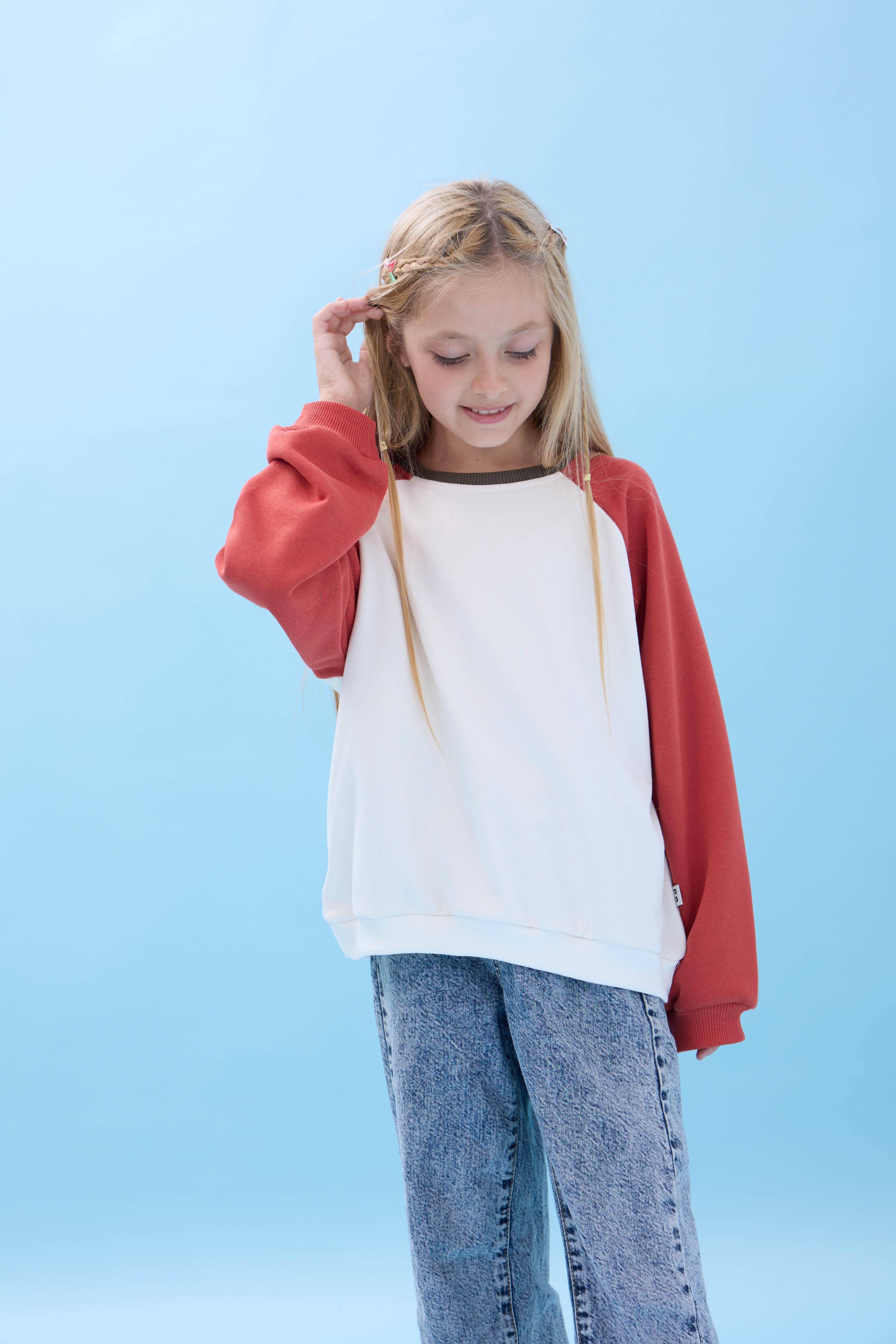 Kız Çocuk Bisiklet Yaka Renkli Basic Oversize Mevsimlik Kreş Sweatshirt - Ekru/Kiremit