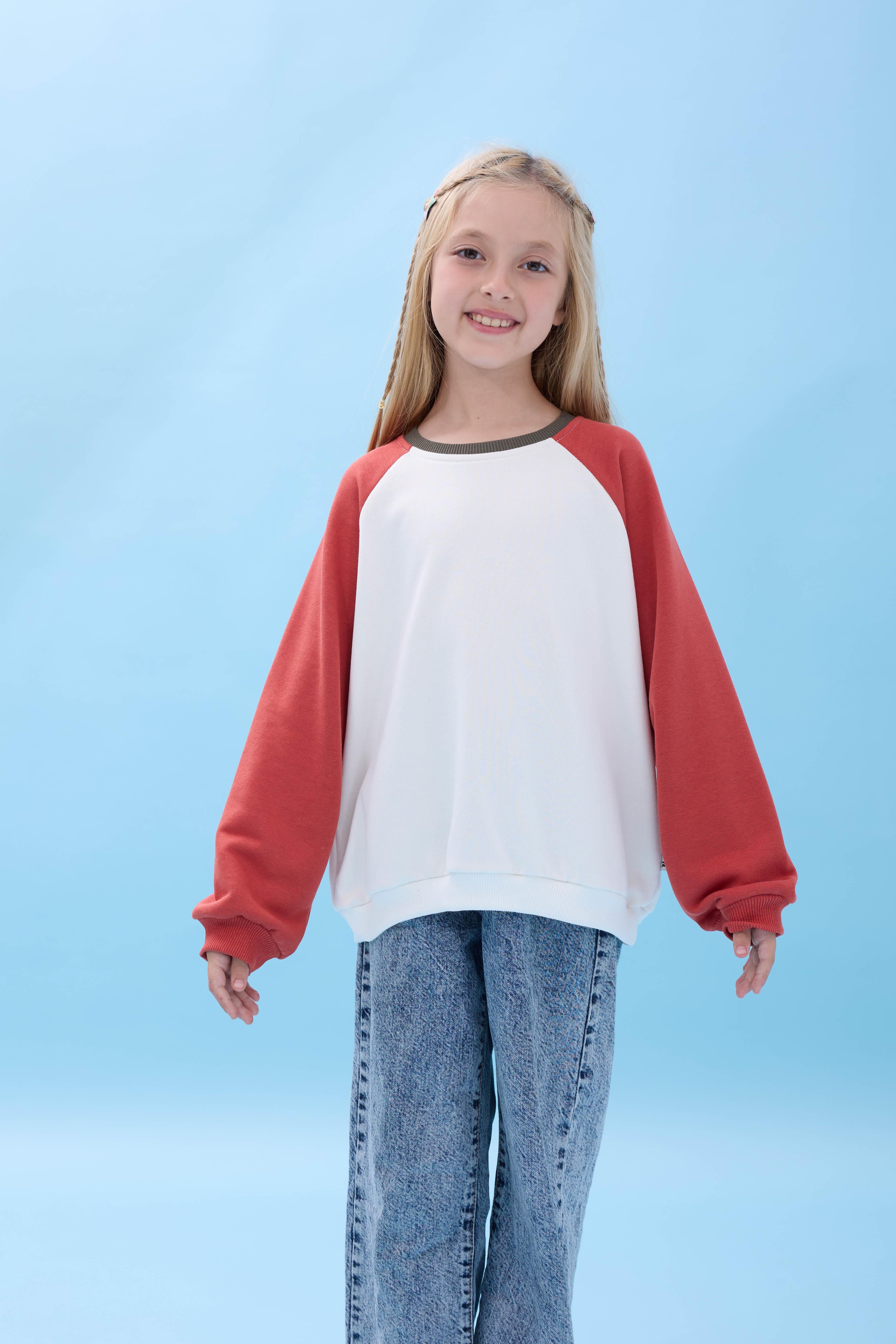 Kız Çocuk Bisiklet Yaka Renkli Basic Oversize Mevsimlik Kreş Sweatshirt - Ekru/Kiremit