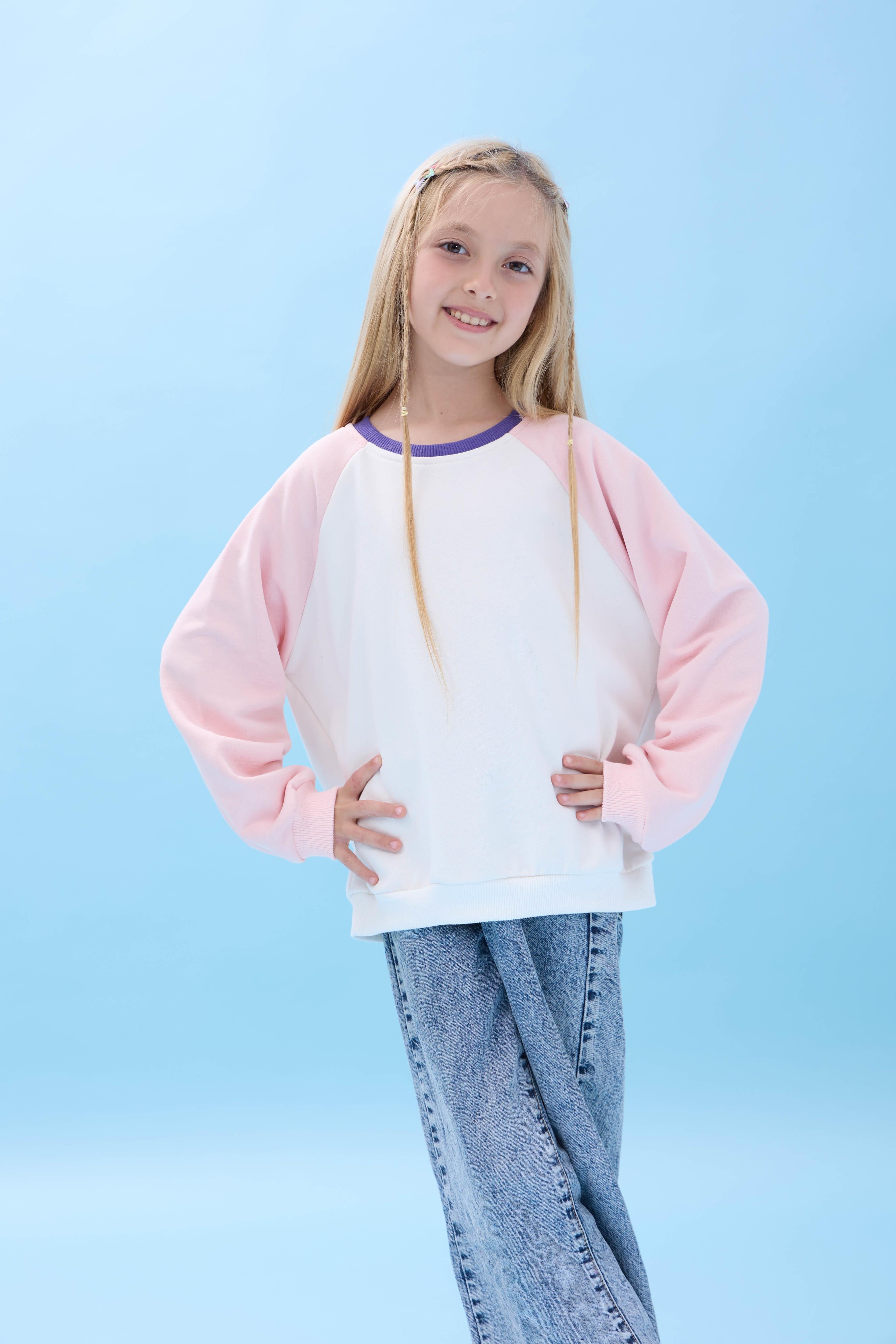 Kız Çocuk Bisiklet Yaka Renkli Basic Oversize Mevsimlik Kreş Sweatshirt - Ekru/Pembe